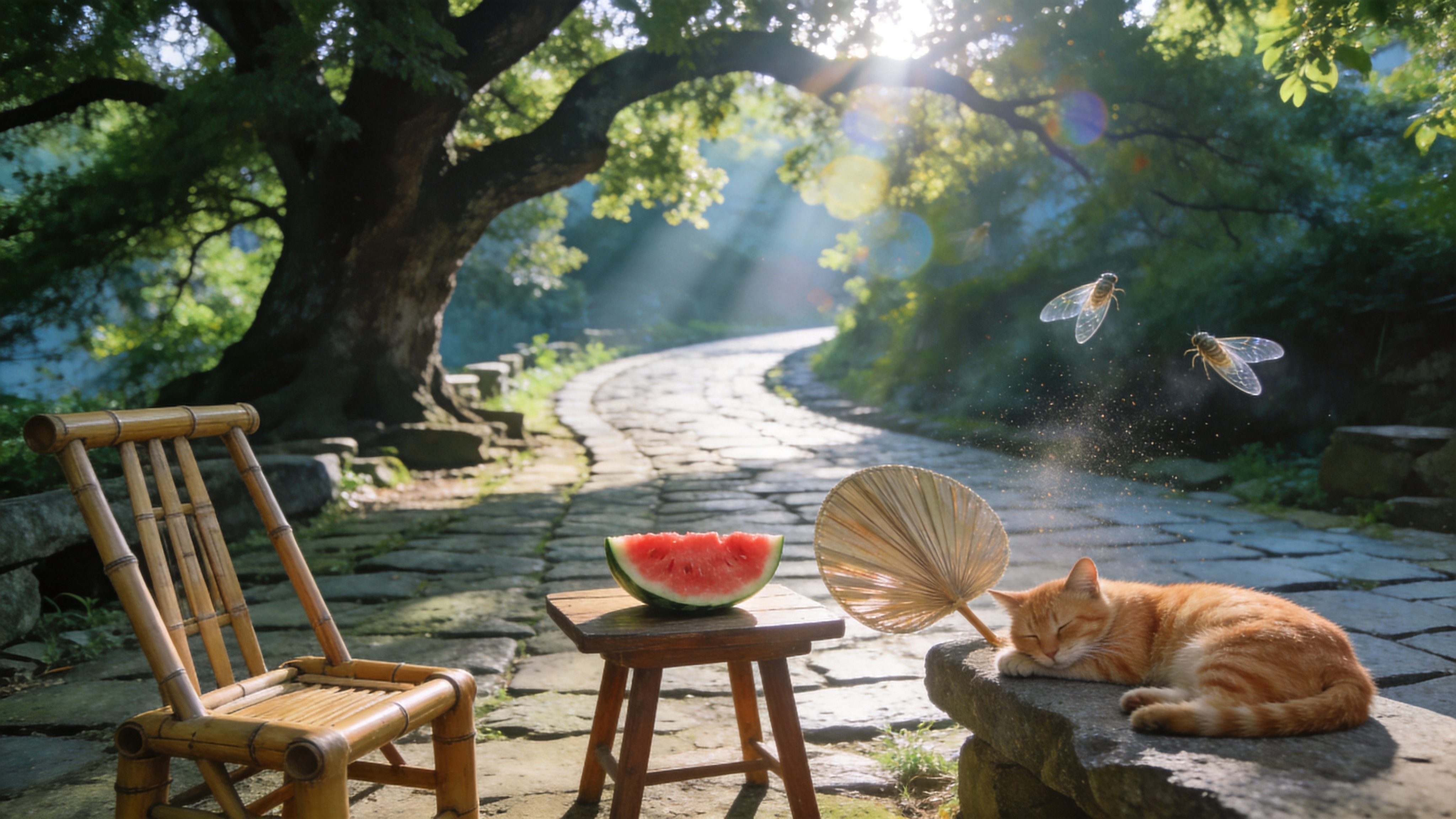 盛夏的午后，阳光透过茂密的古槐树叶洒下斑驳的光影。画面中央是一条蜿蜒的青石板路，两旁摆着几张竹椅和矮脚木桌。桌上放着切开的红瓤西瓜，旁边是一把还在微微摇晃的蒲扇。一只橘猫慵懒地趴在石桌上打盹，空气中似乎漂浮着细微的尘埃，远处传来蝉鸣的视觉化暗示——几只透明的蝉翼在逆光中闪烁。整个场景充满了老北京胡同的夏日静谧感，时间仿佛在这里慢了下来。

日系清新摄影风格，高明度低对比度，色调以暖黄、翠绿和石青灰为主。使用胶片颗粒质感，光圈虚化效果强烈，突出阳光的丁达尔效应。画面构图具有生活气息，追求宁静、治愈和怀旧的视觉体验。