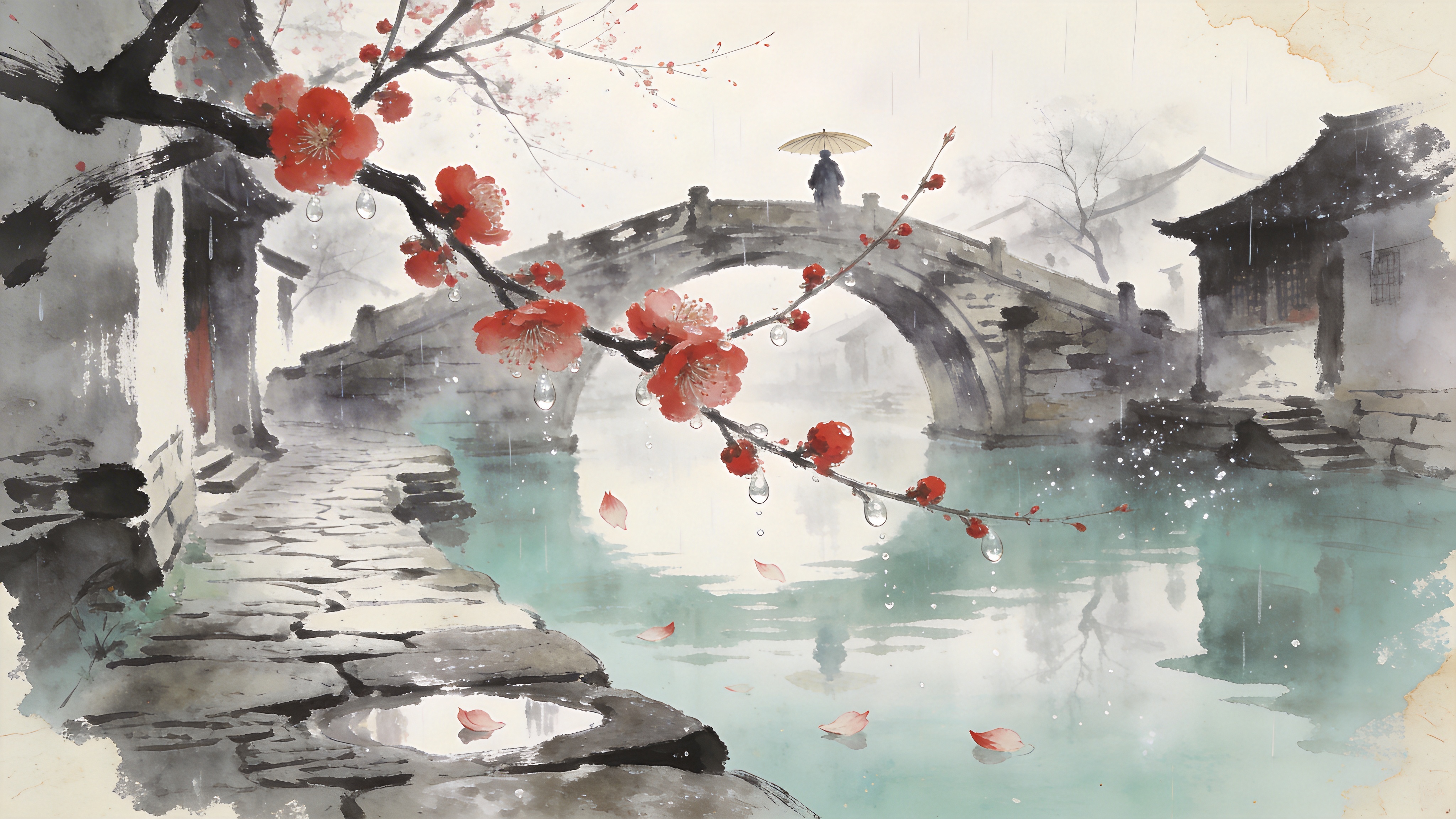 画面定格在初春的清晨，微雨刚停，江南水乡的青石板路上积着少许水洼，倒映着灰白色的天空。前景是一枝斜伸入画面的红梅，枝头挂着晶莹剔透的雨露，几片花瓣正缓缓飘落在水面上。远处是一座斑驳的古石拱桥，桥上撑着一把油纸伞的行人背影若隐若现，空气中弥漫着湿润的泥土气息和淡淡的梅花香，营造出一种静谧、诗意且略带惆怅的早春意境。

新中式水墨风格，结合了传统国画的留白技法与现代水彩的通透感。色调以淡青、灰白为主，点缀高饱和度的朱砂红。笔触苍劲有力且带有飞白，光影处理柔和，强调空气感和湿润的质感，画面边缘具有宣纸的自然纹理。