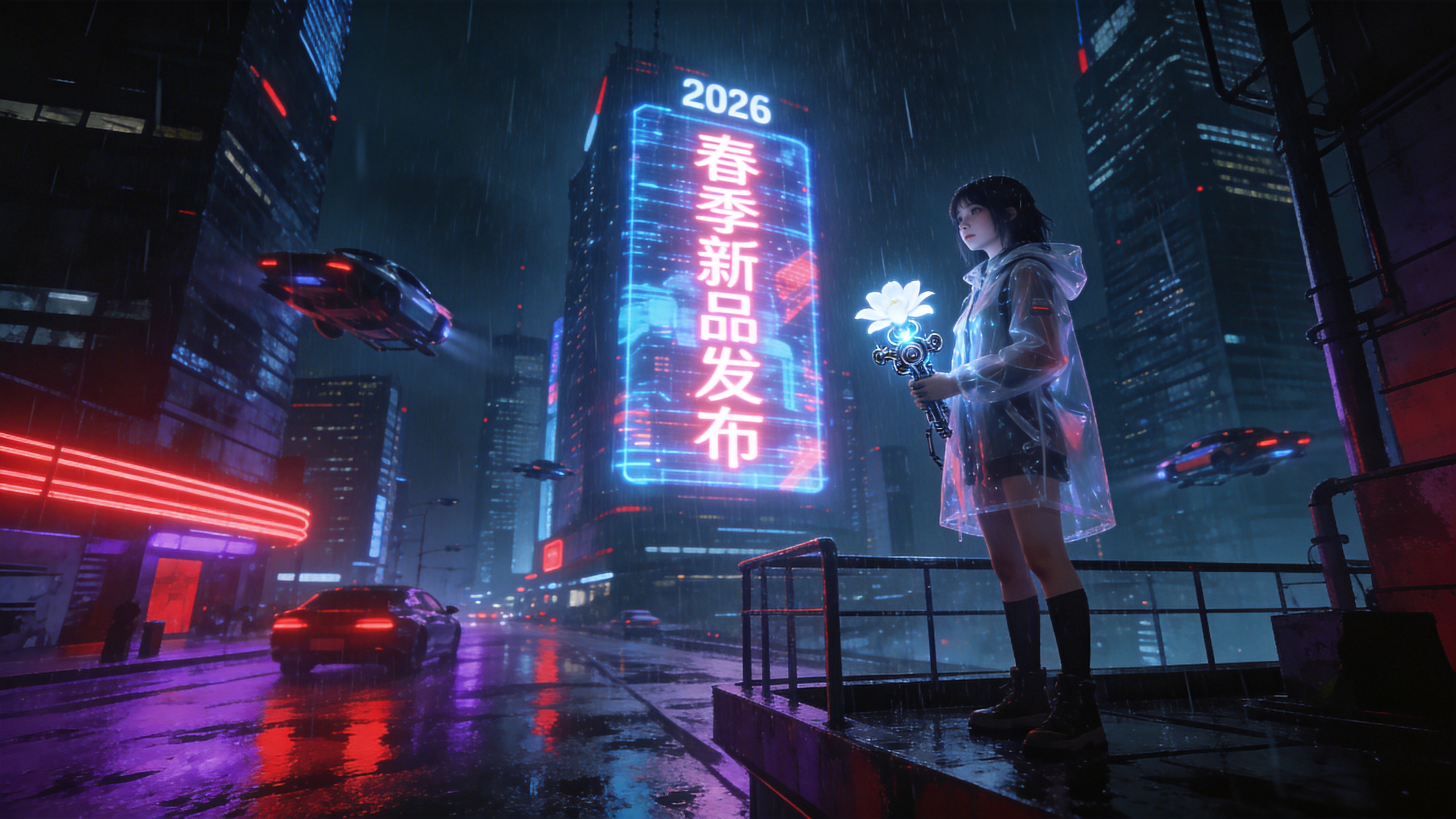 2026年近未来的赛博朋克都市雨夜，巨大的全息投影广告在空中闪烁，播放着春季新品发布的霓虹影像。街道积水反射着紫红色的霓虹灯光，一位身穿透明机能风雨衣的年轻女性站在高处露台，手中拿着一枝在这个季节罕见的发光机械白花。背景是错综复杂的摩天大楼和穿梭其中的飞行汽车，雨水如丝般落下，整个场景既冷冽又充满科技感的生机。

电影级概念艺术风格，深受《银翼杀手》美学影响。强调高对比度的冷暖色调碰撞，以赛博蓝、洋红和深黑为主。光影处理追求体积光和辉光效果，质感上强调金属、玻璃、雨水和全息投影的材质对比。视角采用广角仰拍，增强视觉冲击力和未来都市的压迫感。