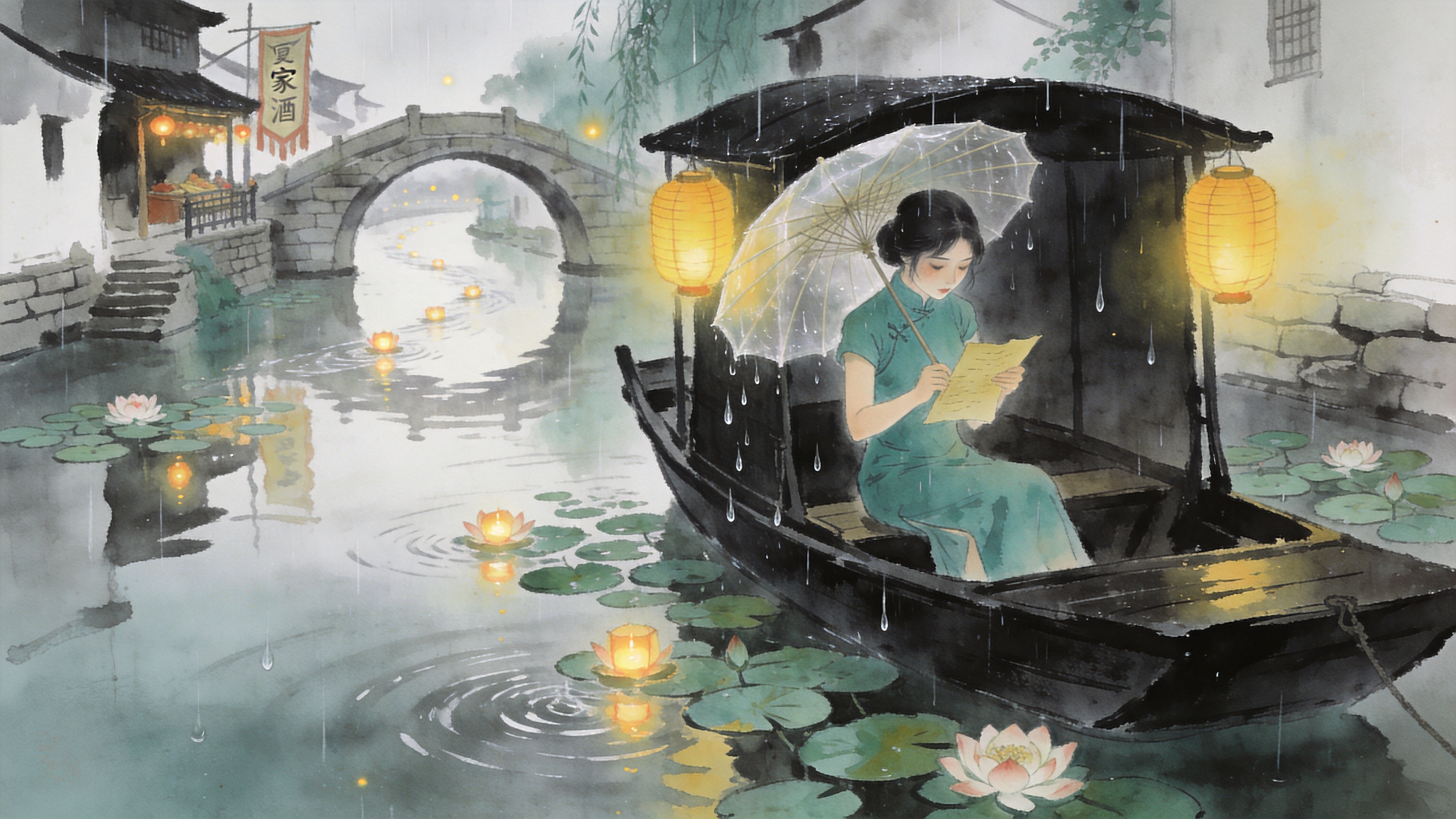 江南水乡的夏夜，细雨蒙蒙。一艘乌篷船静静地停泊在布满睡莲的河面上，船头挂着一盏散发着暖黄色光晕的纸灯笼。一位身着青色旗袍的女子坐在船舱内，手中握着一把半透明的油纸伞，正低头看着手中泛黄的信笺，神情带着淡淡的忧伤。雨滴落在河面上激起层层涟漪，倒映着岸边古老的石拱桥和远处酒家的酒旗。河面上漂浮着几盏刚刚放下的荷花灯，顺着水流缓缓远去，营造出一种诗意而惆怅的东方美学意境。

新中式水墨插画风格，结合工笔画的细腻与水墨画的写意。色彩低饱和度，以青、灰、白为主色调，局部点缀暖黄光色。笔触流畅，注重留白和意境的营造。画面具有水彩的晕染质感，光影柔和朦胧，仿佛一幅流动的夏日烟雨图，艺术气息浓厚。