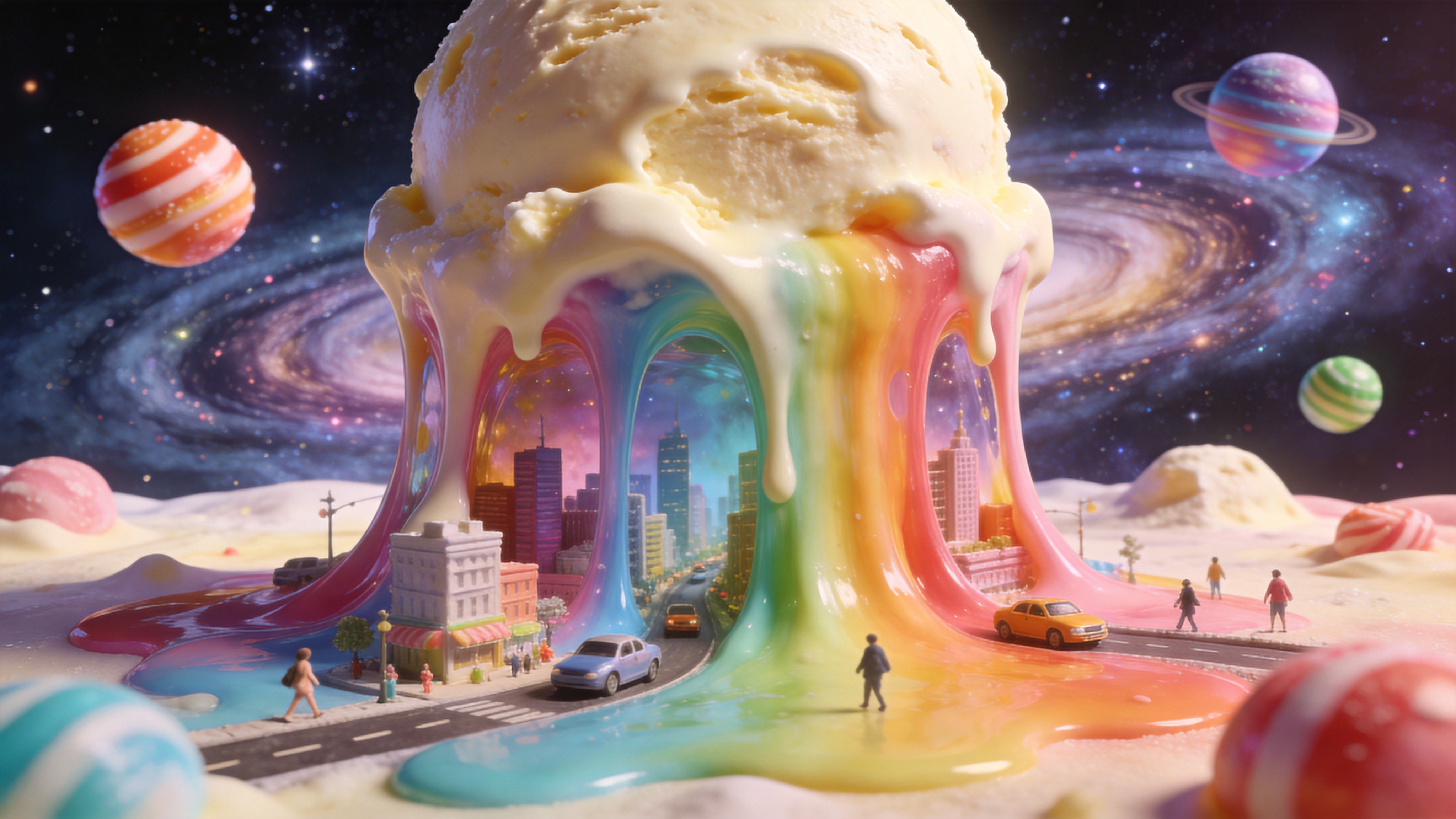 这是一个超现实的微观世界，画面中心是一块正在融化的香草冰淇淋，但冰淇淋流淌下来的不是奶油，而是绚丽的七彩虹色流体。流体中包裹着微缩的城市景观、行驶的汽车和行走的路人。背景是深邃的星空，星云呈现出漩涡状，仿佛被冰淇淋的引力吸引。几颗巨大的糖果像行星一样悬浮在空中，整个场景既甜蜜又充满了梦幻的荒诞感。

3D 渲染风格（C4D/Blender），类似皮克斯动画的质感。材质具有高光、折射和半透明效果，色彩饱和度高，糖果色系搭配。光影柔和，使用全局光照（GI）和焦散效果。构图具有超现实主义特征，圆润可爱，充满童趣和想象力。