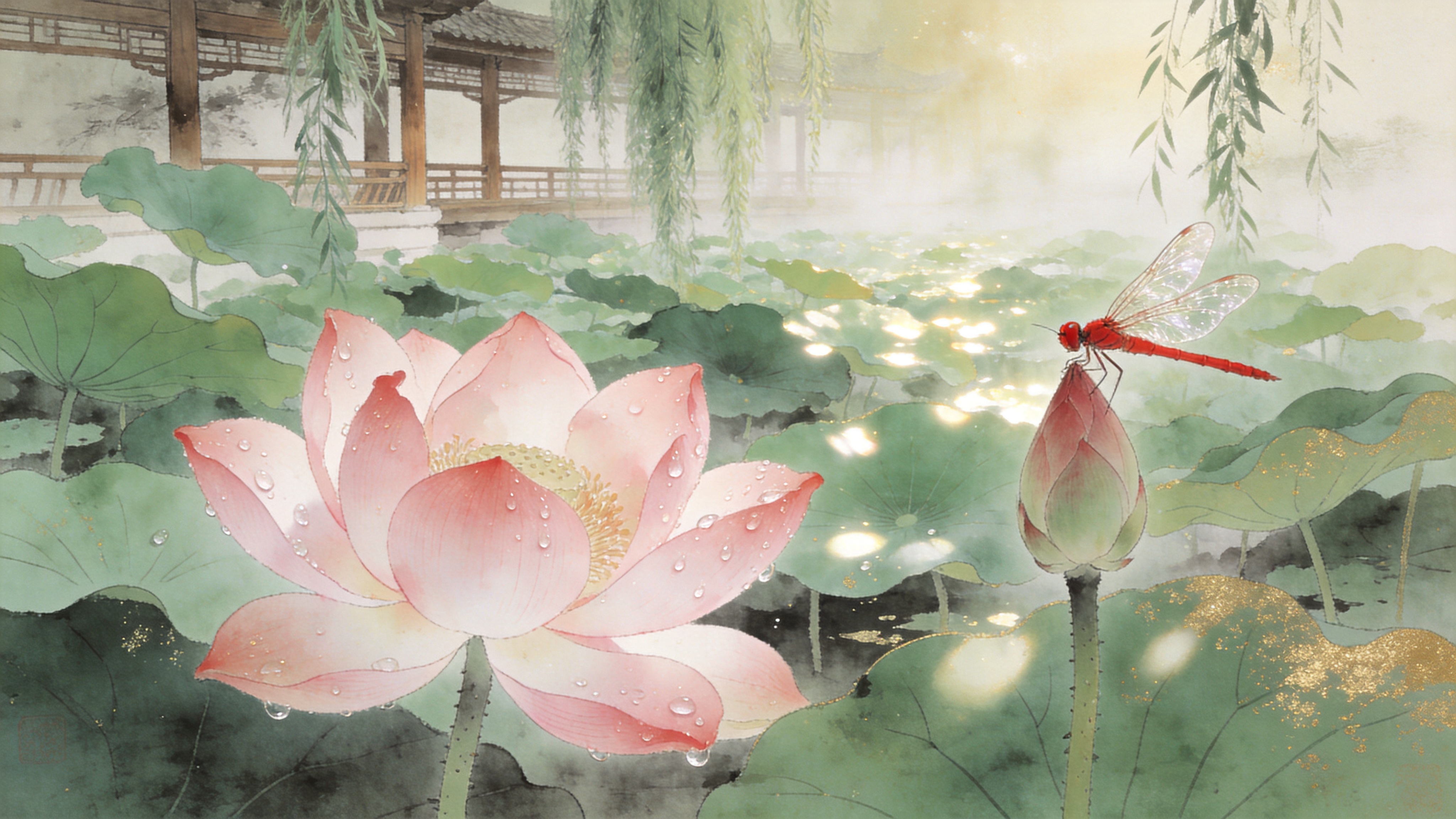 画面定格在2026年夏至的午后，一片古老而静谧的荷塘。前景是几朵盛开的粉色荷花，花瓣上滚动着晶莹剔透的露珠，一只色彩斑斓的红蜻蜓正悬停在花苞尖端，翅膀呈现出半透明的纹理感。中景是层层叠叠的碧绿荷叶，在微风中轻轻摇曳，阳光透过叶缝洒下斑驳的光影。远处是若隐若现的木质回廊和一株垂柳，营造出一种'接天莲叶无穷碧'的夏日意境。

新中式工笔画风格，融合了现代数字绘画的细腻度。色彩以清新的淡绿、粉白和金色为主，色调高雅。笔触细腻柔和，线条流畅，具有丝绸般的质感。光影处理柔和且富有层次，强调空气感，画面具有胶片摄影的微颗粒质感，整体氛围宁静致远，宛如一幅流动的夏日画卷。