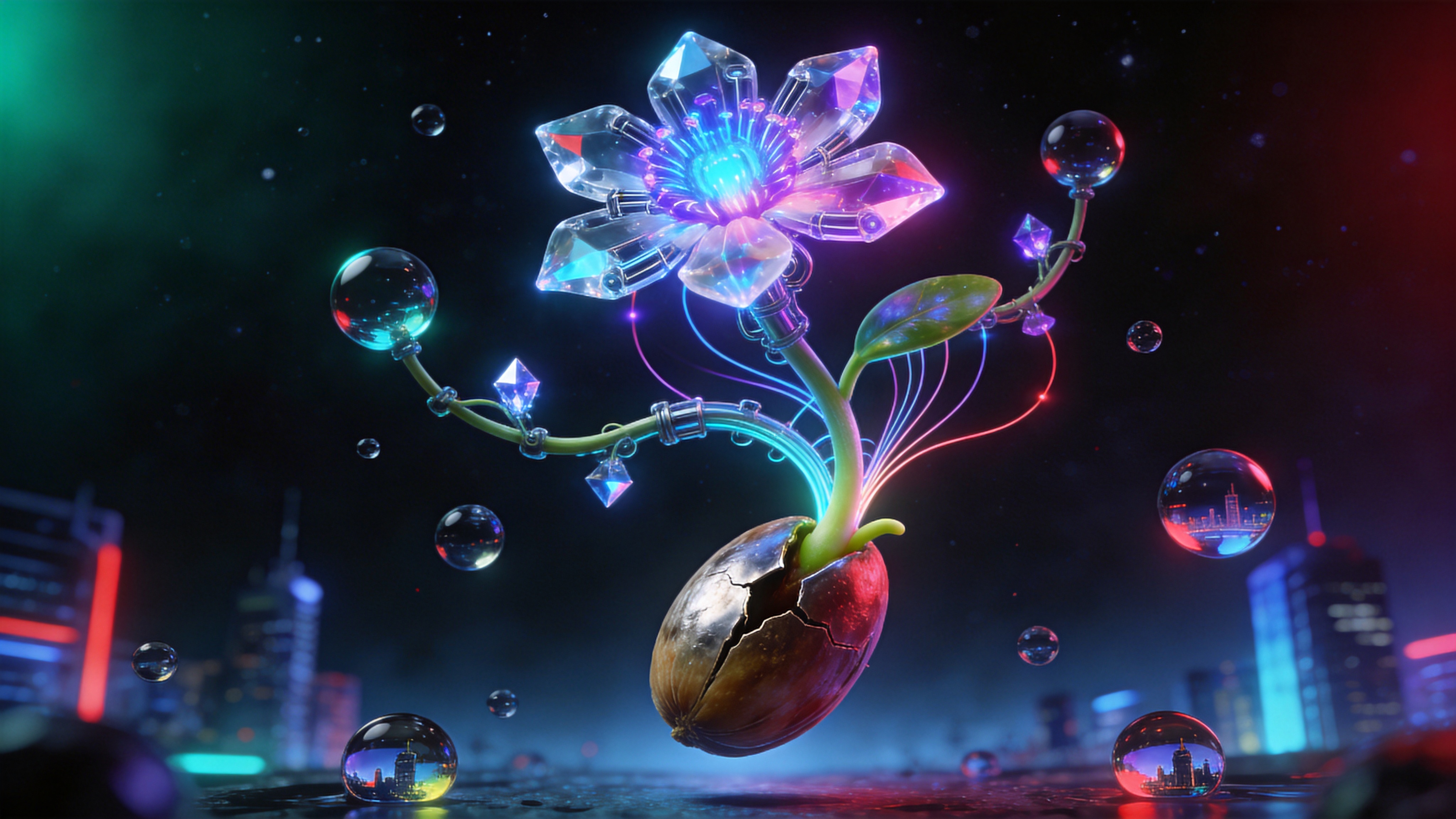 一个超现实的微观世界，场景设定在一颗刚刚发芽的种子的尖端。这颗种子悬浮在半空中，外壳像金属一样裂开，从中生长出的不是普通的植物，而是由发光的晶体和光纤构成的奇异藤蔓。藤蔓上绽放着几朵半透明的机械花朵，花蕊中散发着霓虹般的蓝紫色光芒。周围环绕着漂浮的微小水珠，每一颗水珠里都倒映着一个缩小的未来城市景象。背景是深邃的暗夜星空，与前景的发光植物形成强烈对比，象征着科技与生命的共生。

3D 概念艺术与赛博朋克风格的结合，类似于 Blender 和 Octane Render 渲染的高精度作品。材质具有强烈的金属感、玻璃质感和发光效果。色彩使用高饱和度的霓虹色（青色、洋红、电光蓝）搭配深黑色背景。光影具有戏剧性的体积光和辉光效果，细节极其丰富，充满未来感和科技幻想美学。