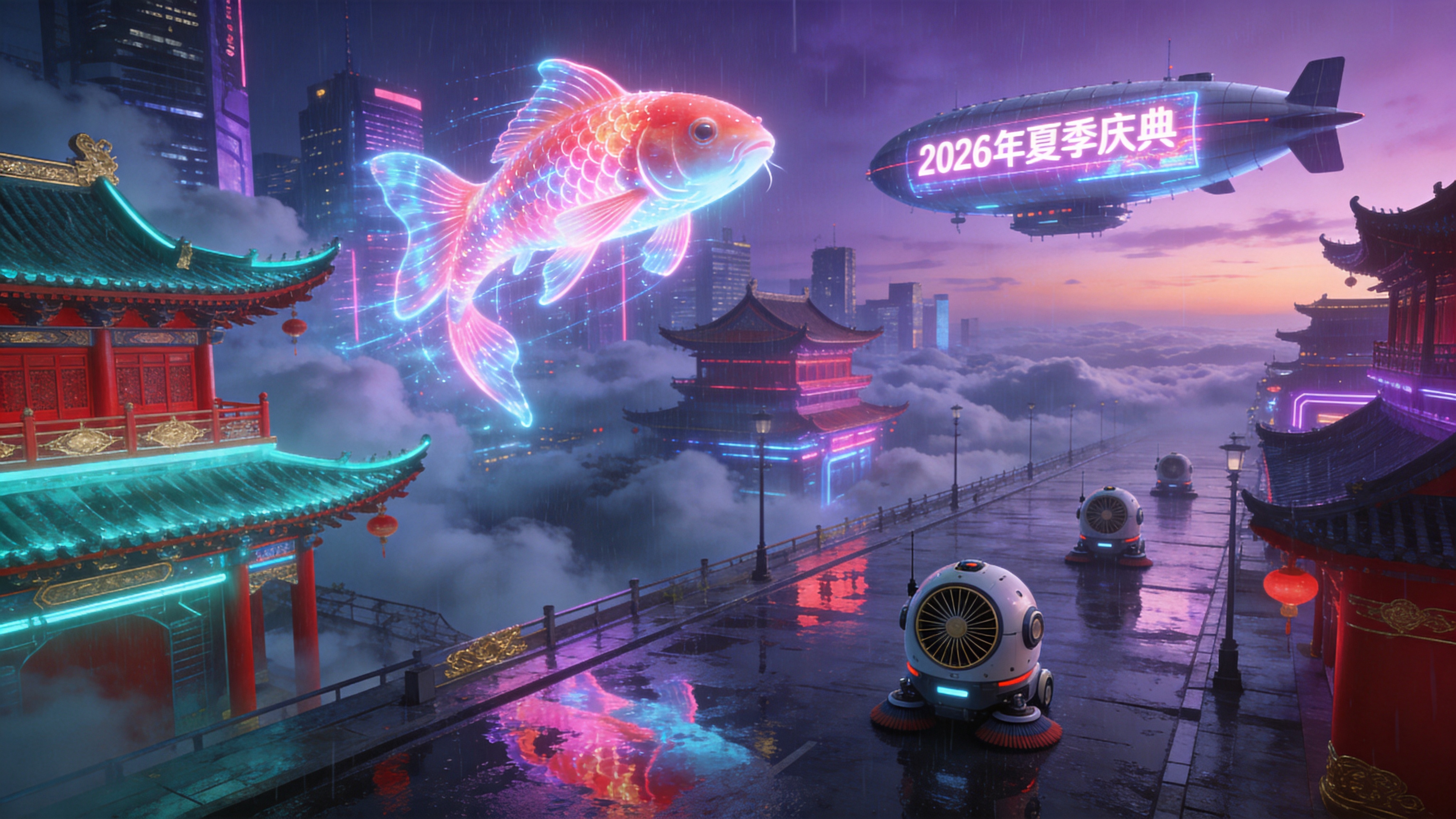 一座悬浮在云端之上的未来东方都市，结合了传统的中国飞檐斗拱建筑结构与赛博朋克科技感。巨大的全息锦鲤在空中游弋，鳞片闪烁着霓虹粉和电光蓝的光芒。街道上没有行人，只有几台外形圆润、带有复古风扇叶片的自动清扫机器人在工作。天空呈现出雨后初霁的紫罗兰色，远处有一艘巨大的反重力飞艇缓缓驶过，飞艇侧面印着2026年的夏季庆典全息广告。湿润的地面反射着整个城市的倒影，营造出一种梦幻而疏离的未来夏夜氛围。

赛博朋克与新国潮概念艺术风格。色彩饱和度高，使用赛博朋克经典的霓虹配色（青色、洋红、紫色）与传统的朱红、金色点缀。强调金属质感、全息投影的辉光效果以及雨后湿滑地面的反射感。视角为广角俯视，构图宏大且具有纵深感，Unreal Engine 5渲染风格。