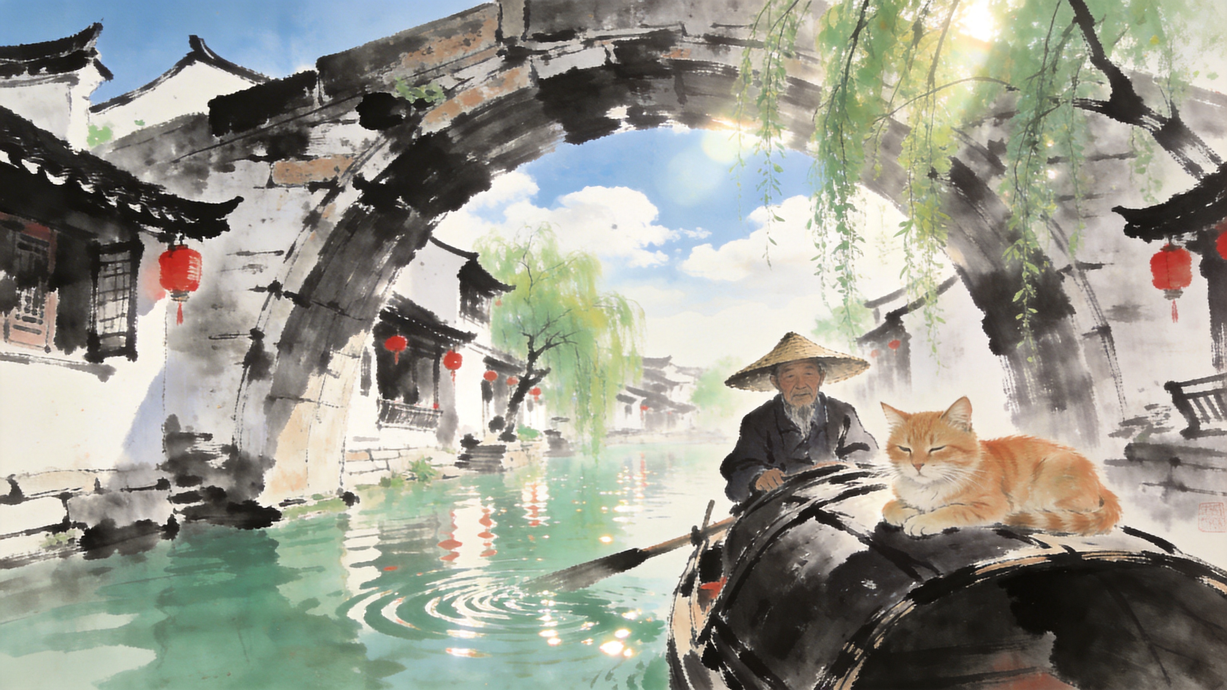 春日正午的江南水乡古镇，一座历经沧桑的石拱桥横跨在碧绿的河面上。两岸是白墙黑瓦的徽派建筑，屋檐下挂着红色的灯笼，柳树的嫩绿枝条垂入水中，荡起层层涟漪。一艘乌篷船正缓缓穿过桥洞，船头坐着一位戴着斗笠的老渔翁，身旁跟着一只慵懒的橘猫。阳光明媚，水面波光粼粼，倒映着蓝天白云和古老的建筑，充满了人间烟火气。

中国传统水墨画与现代摄影的结合，浓淡相宜的墨色，留白意境，写实的纹理细节，温暖的日光色调，微距摄影的清晰度，宁静致远的氛围，具有东方美学的诗意。