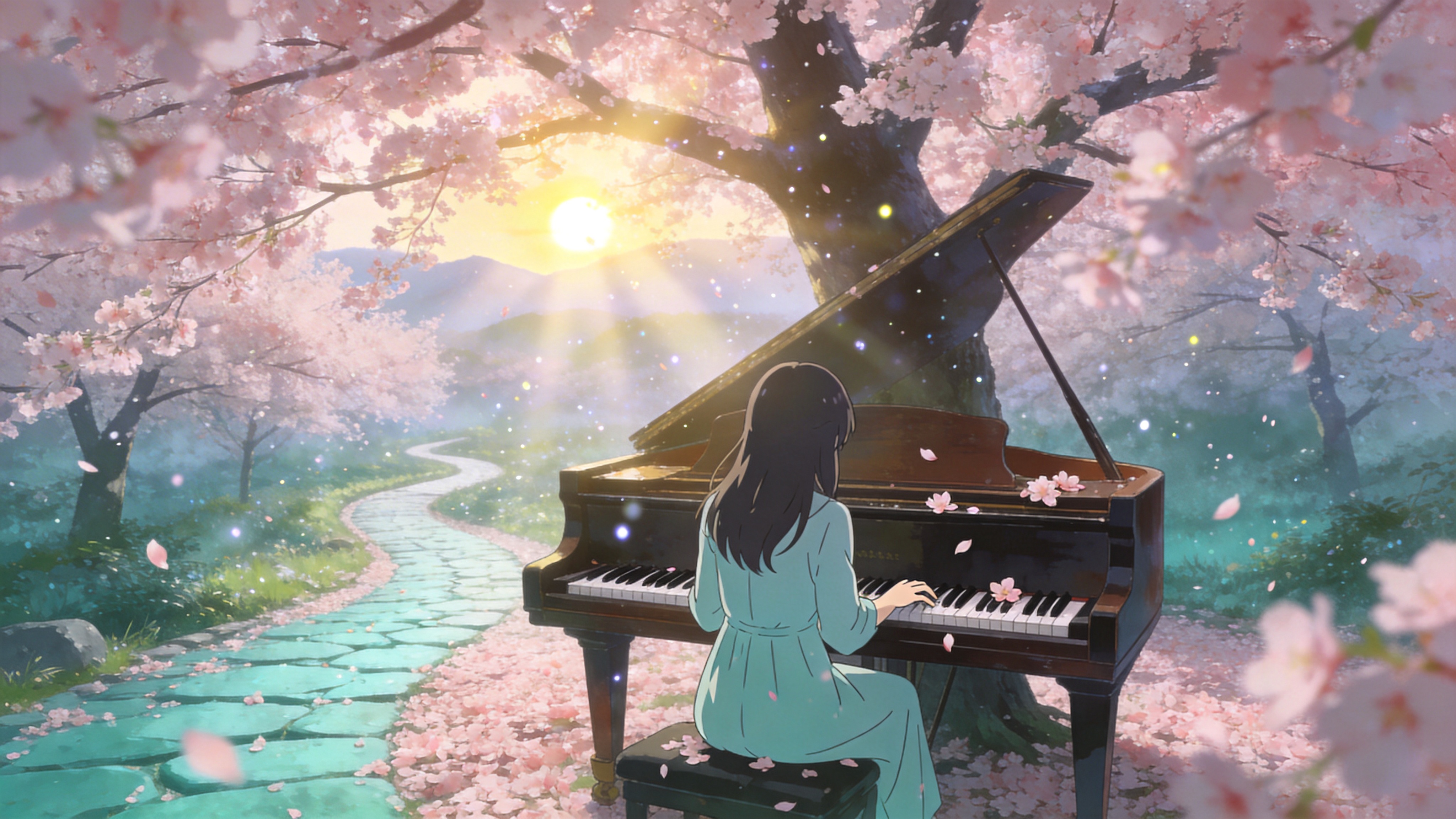 2026年4月10日的清晨，一片盛开的樱花林，花瓣如粉色的雪花般飘落，铺满了蜿蜒的青石板小径。画面中心是一架造型复古的钢琴，放置在树下，黑白琴键上落着几瓣樱花。一位穿着淡青色长裙的少女正背对着镜头，手指在琴键上轻柔地弹奏，仿佛在与春风对话。远处是朦胧的山峦和初升的太阳，金色的晨光透过花枝的缝隙洒下，形成丁达尔效应，空气中弥漫着细腻的光尘。

新海诚动漫风格，高分辨率，超精细的背景绘制，晶莹剔透的光影效果，梦幻的粉色与青色调，景深虚化处理，具有电影感的构图，清新治愈的视觉体验。