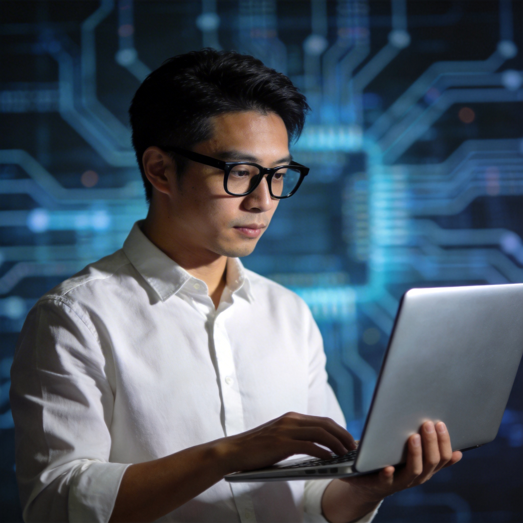 生成一个 AI 科技博主的头像

高质量，专业摄影，细节丰富