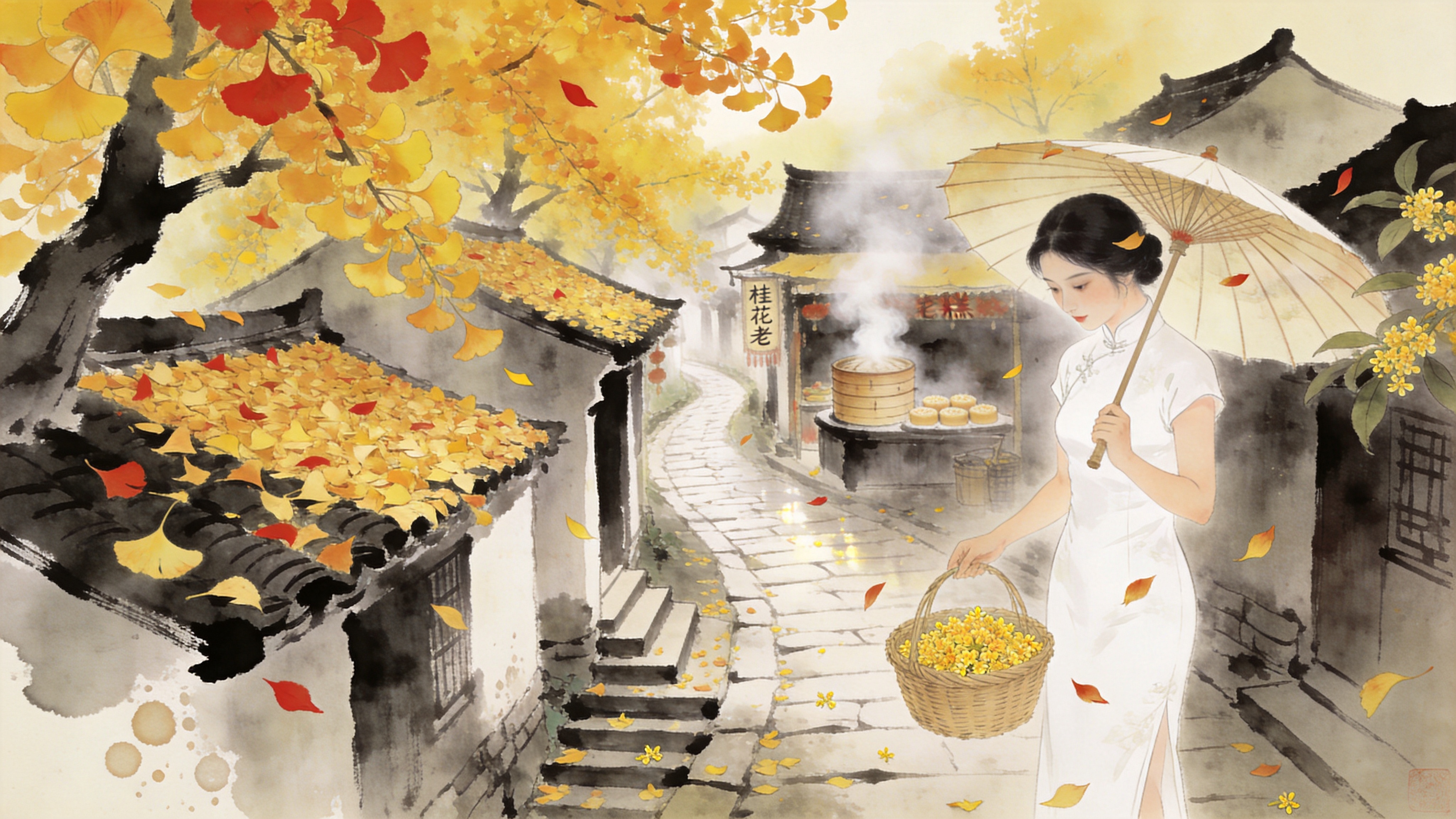 2026年初秋的江南水乡，一条蜿蜒的青石板小巷两旁种满了银杏树，金黄的银杏叶正在飘落，铺满屋顶与石阶。小巷尽头是一家热气腾腾的桂花糕老铺，蒸笼冒出缭绕的白烟，与初秋清晨的薄雾融为一体。一位穿着月白色旗袍的女子撑着油纸伞，正低头看着青石板上泛着秋光的落叶，身旁的竹篮里装满了新采的金黄桂花，整个画面宁静而富有秋日的烟火气。

国风水墨与工笔重彩结合风格，以淡墨勾勒水乡建筑与烟雨轮廓，以浓艳的藤黄与朱砂点染银杏与桂花，形成强烈的视觉焦点。画面带有宣纸的微妙纹理和水渍边缘效果，光影柔和漫反射，营造出诗意的东方美学氛围。