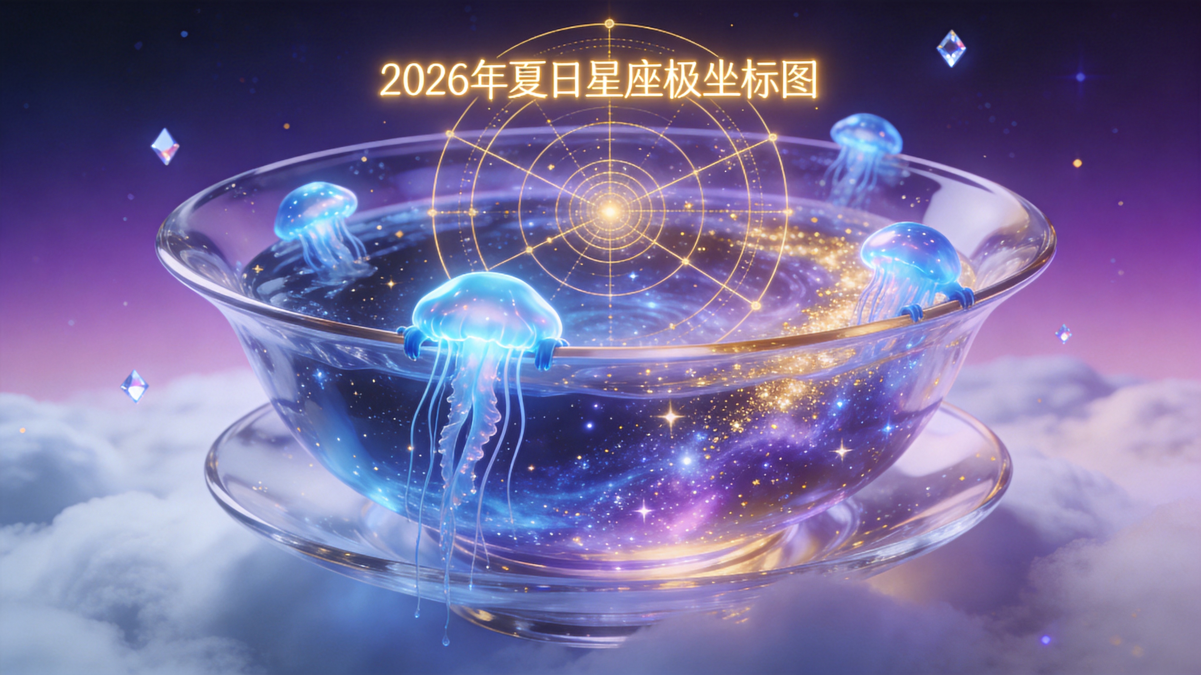 一个悬浮在云端的巨大半透明玻璃茶盏，茶盏中翻滚的不是普通的水，而是浩瀚的星河和金色的星尘。几只发光的蓝色透明水母正从茶盏边缘探出身子，触须垂落在银河之中，仿佛在品尝宇宙的滋味。茶盏上方，2026年的夏日星座极坐标图以发光的金线形式悬浮在空中。背景是深邃的渐变紫罗兰色夜空，点缀着细碎的钻石星光，整体画面既宏大又微观，充满了超现实的奇幻色彩。

3D 奇幻概念艺术，C4D 渲染风格，极致的玻璃折射和焦散效果，光影通透。色彩以电光蓝、霓虹紫和流光金为主调，体积光感强烈，材质具有高科技感与流体感，构图具有极强的视觉冲击力和梦幻感，适合作为高端壁纸。