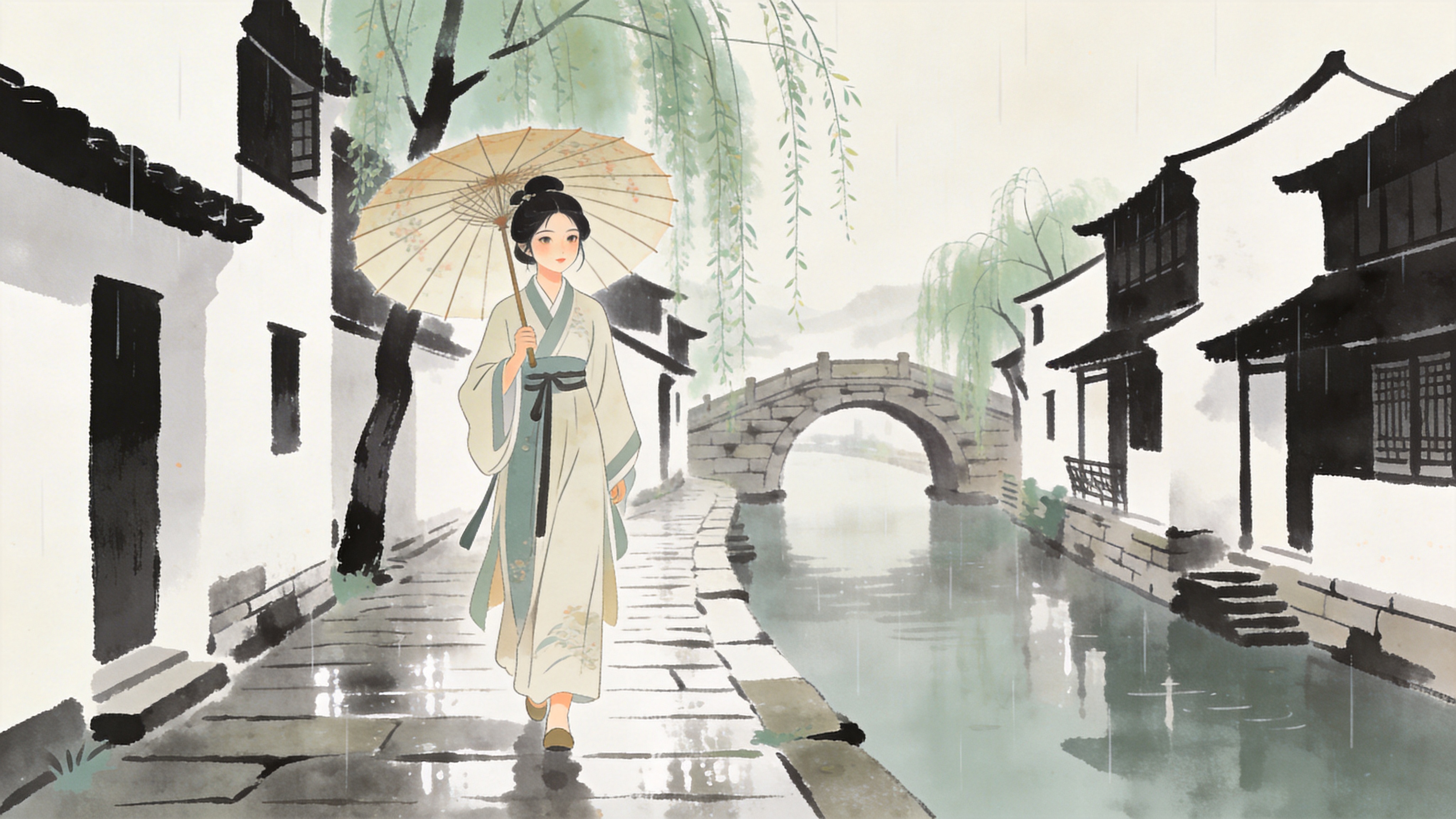 一位穿着汉服的年轻女子，撑着一把油纸伞走在江南水乡的雨巷中，青石板路湿润反光，两岸是白墙黑瓦的古建筑，远处有一座石拱桥，柳枝在春风中轻拂，画面充满诗意。

国潮插画，扁平化风格与水墨晕染结合，低饱和度莫兰迪色系，优雅的构图，唯美古风，精致的人物面部细节，矢量插画质感。