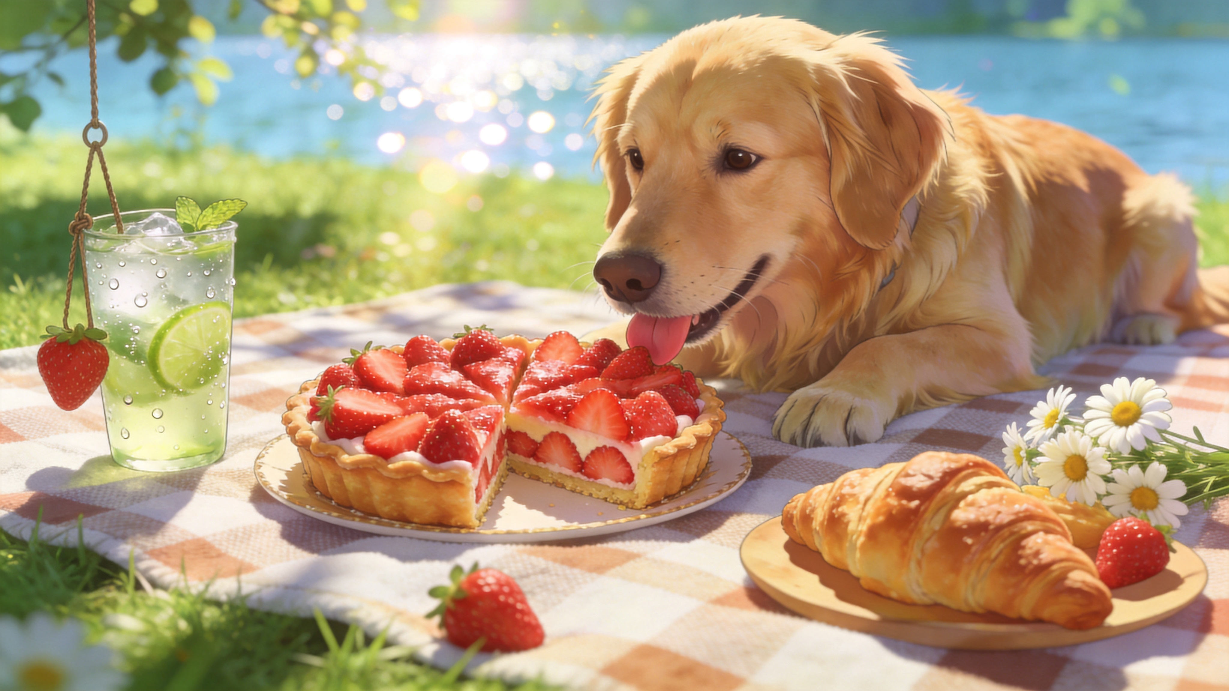 这是春末夏初最惬意的野餐时刻。画面中心是一块铺在嫩绿草地上的粗格纹野餐布，上面摆满了时令美食：一盘切开的红宝石般诱人的草莓塔，一杯挂着水珠的冰镇莫吉托酒，几块刚出炉的可颂，还有一束随手采摘的雏菊。背景是虚化的湖面，波光粼粼，一只金毛寻回犬正趴在野餐布旁，吐着舌头，眼神期待地盯着草莓塔。阳光透过树叶的缝隙洒下斑驳的光影，整个画面充满了春日慵懒、甜蜜和幸福的气息。

日系清新摄影风格，模仿宫崎骏动画色彩与生活类杂志的质感。色调明亮、温暖、高曝光，强调日系小清新的通透感。色彩以草绿、奶白、草莓红为主，饱和度适中。光影柔和自然，强调逆光下的轮廓光和焦外成像的甜美光斑。画面构图饱满，具有极强的食欲感和生活治愈感。