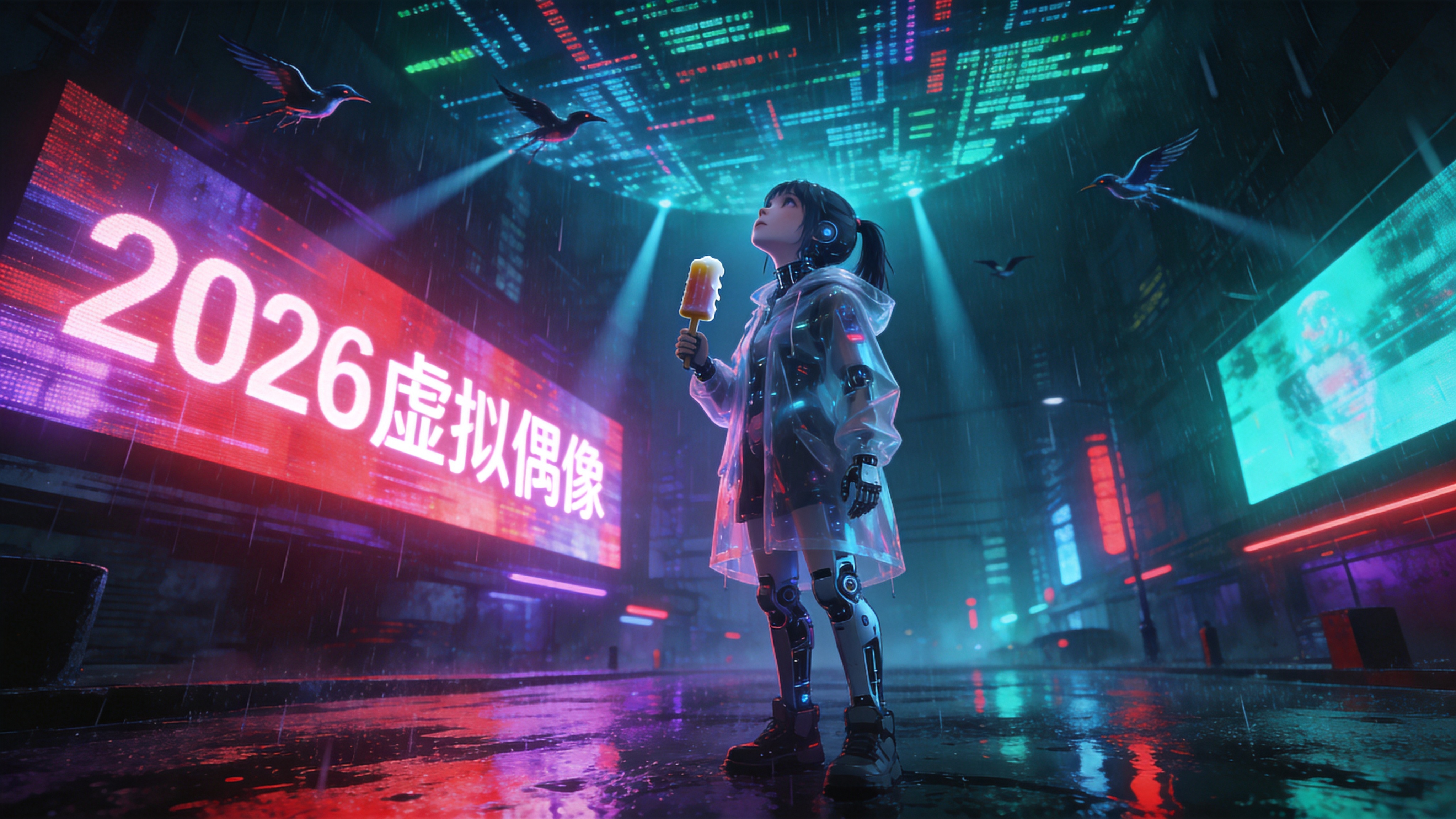 一个充满未来感的地下都市夜景，巨大的全息投影广告在潮湿的空气中闪烁，显示着2026年的虚拟偶像。街道上积满了雨水，反射着霓虹灯的紫红与青蓝色光芒。画面中心是一个穿着透明雨衣的机械少女，她手里拿着一支还在融化的老式冰棍，正抬头看向天空。天空不是真实的星空，而是由无数数据流构成的数字穹顶，几只仿生机械鸟正在穿过光束飞过。

赛博朋克概念艺术风格，强烈的冷暖色调对比（青色与洋红）。强调体积光和辉光效果，雨滴和湿滑地面的反光质感处理得极为逼真。视角采用低角度仰拍，增强压迫感和宏大感。细节丰富，具有电影级的构图，类似《银翼杀手》的视觉美学，画面噪点低，锐度高，充满科技与孤独并存的氛围。