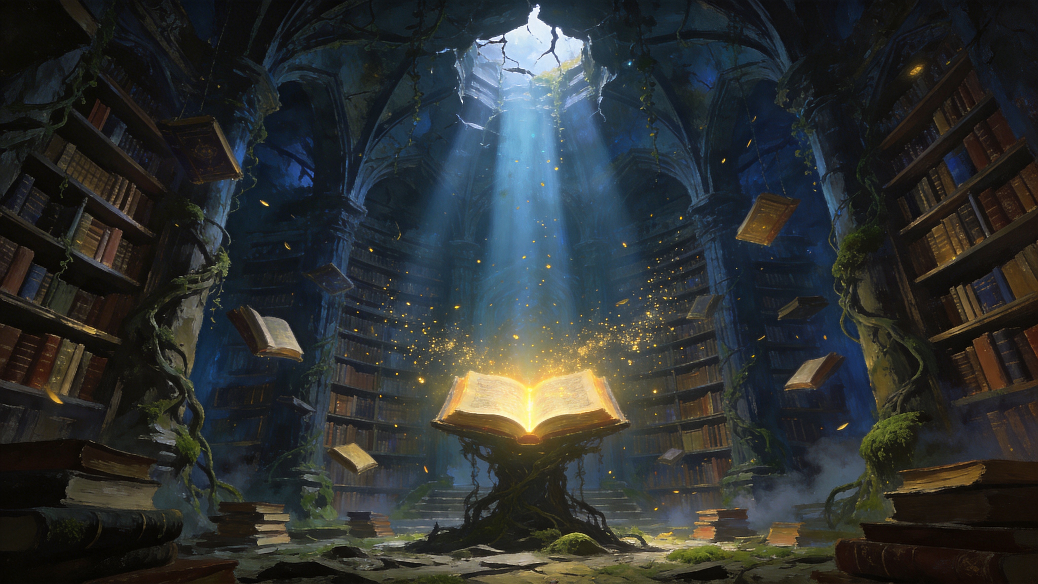 一座被藤蔓和古老苔藓覆盖的废弃哥特式图书馆，内部书架高耸入云，无数本魔法书籍悬浮在半空中，金色的光尘在空气中飞舞，一束神秘的光柱从穹顶裂隙中射入，照亮了中央一张打开的发光古书。

奇幻概念艺术，厚涂油画质感，丁达尔效应，神秘的深蓝色与金黄色调，史诗感，精细的环境叙事，ArtStation热榜风格， matte painting。