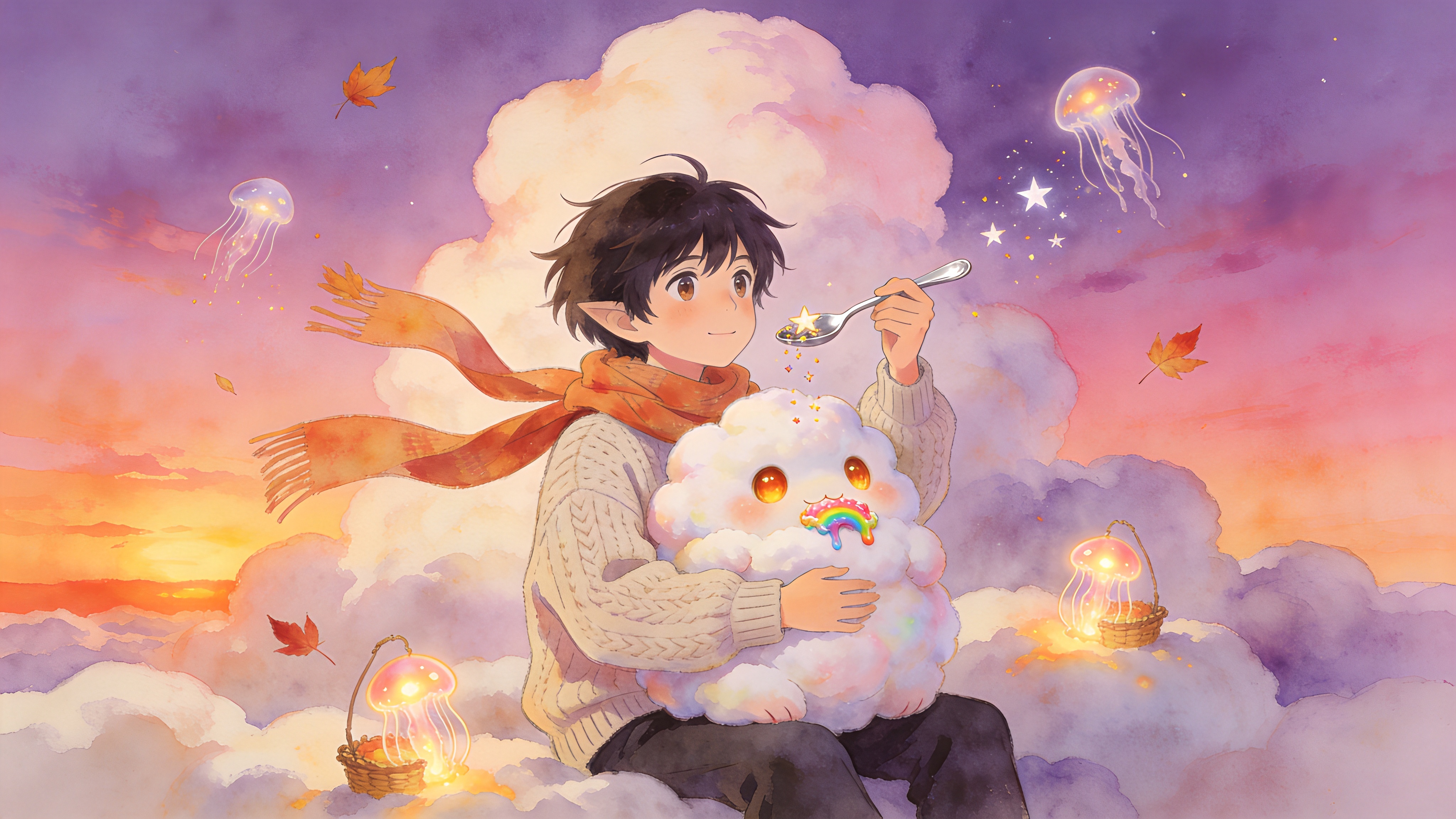 一只年轻的魔幻生物饲养员正坐在云端之上，她穿着宽松的针织毛衣，围巾在秋风中飘扬。她怀里抱着一只巨大的、毛茸茸的云朵幼兽，这只生物像棉花糖一样柔软，眼睛像两颗晶莹的琥珀，嘴角沾着吃剩的彩虹糖霜。饲养员手里拿着一把银色的勺子，正在喂食天空中的星星碎屑。周围环绕着几只发光的小型水母状精灵，它们正在收集夕阳的余晖。背景是渐变的紫粉色晚霞，云层厚重而梦幻，呈现出童话般的温暖与治愈感。

吉卜力风格动漫插画，手绘水彩质感。线条柔和流畅，色彩清新明快，以粉紫、暖橙和柔和的奶油色为主。光影柔和且均匀，没有生硬的阴影，强调温馨、治愈的氛围。构图饱满且富有想象力，笔触具有艺术感，带有轻微的纸张纹理，整体画面呈现出一种梦幻般的初秋童话色彩。