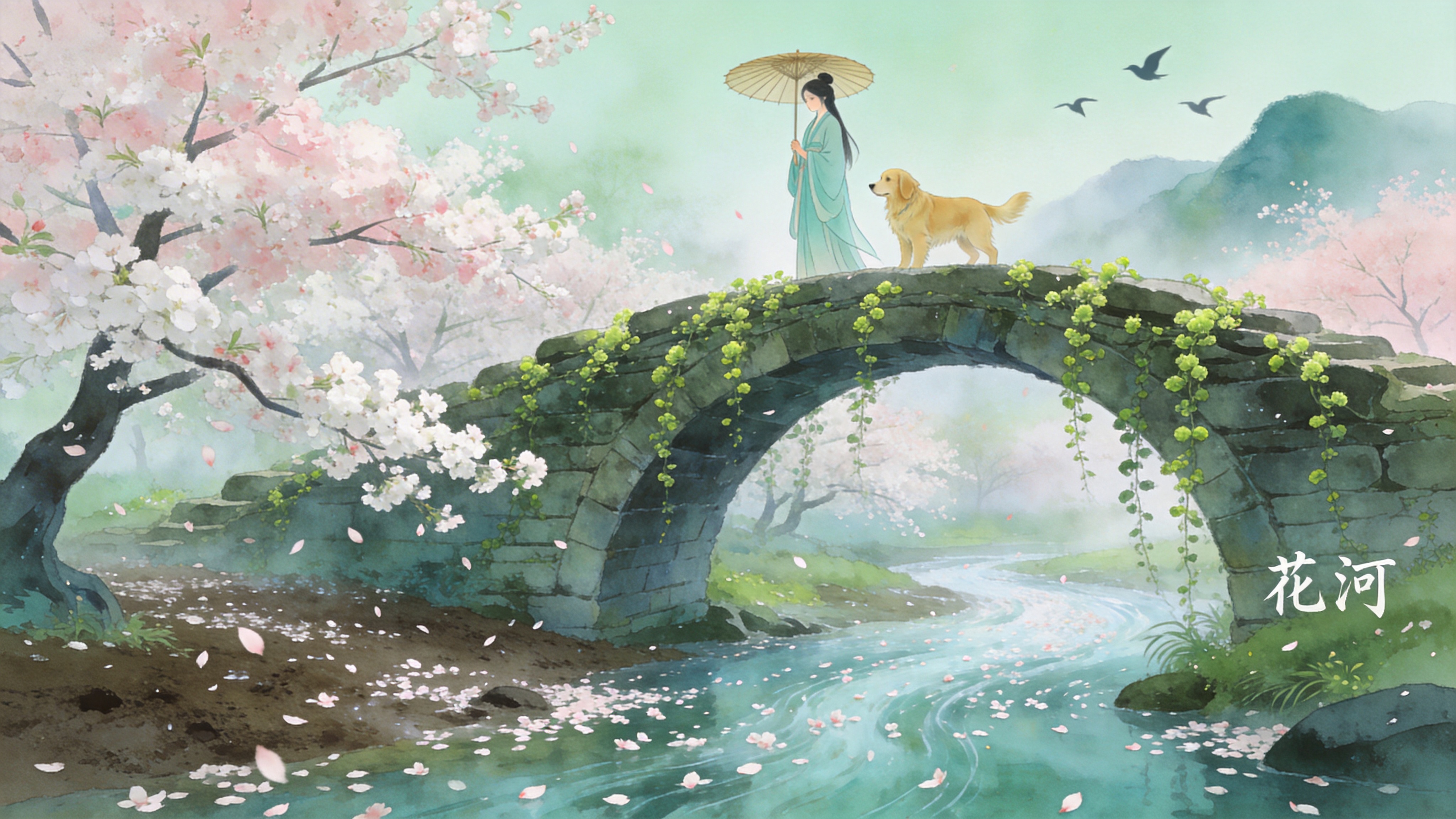 画面定格在 2026 年初春的清晨，薄雾尚未散去，空气中弥漫着湿润的泥土气息。画面主体是一座横跨在清澈溪流上的古老石拱桥，桥身上爬满了刚刚萌发嫩绿新芽的常春藤。桥下，几株早春的樱花树正肆意绽放，粉白色的花瓣如雪般飘落在缓缓流动的水面上，形成一条流动的“花河”。一位身着淡青色汉服的少女撑着一把油纸伞站在桥头，正凝视着水面上的落花，身旁是一只毛茸茸的金色寻回犬。远处是若隐若现的黛色山峦，飞鸟掠过长空，留下一道优美的剪影。

新中式唯美插画风格，融合了工笔画的细腻线条与水彩画的通透质感。色调以清新的淡绿、柔粉和青黛色为主，营造出一种朦胧而诗意的春日氛围。光影处理柔和，强调晨雾的漫射光感，画面具有高清晰度和丰富的细节层次，如同电影海报般的精致构图。