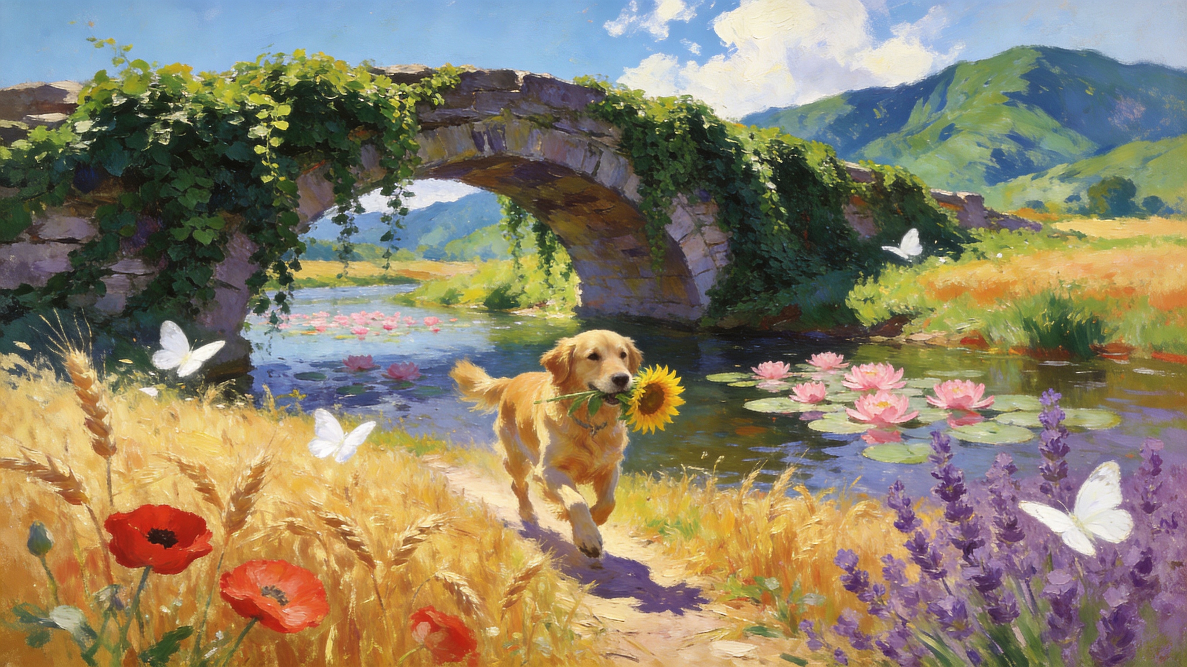 这是一幅描绘2026年盛夏时节的田园风景画。画面中央是一座被茂盛的深绿色常春藤完全覆盖的古老石桥，桥下流水潺潺，清澈见底，水面上漂浮着几朵盛开的粉色睡莲。前景是一片金黄色的麦田，麦田边缘点缀着鲜红的虞美人和紫色的薰衣草，几只白色的蝴蝶在花丛中翩翩起舞。远处是连绵起伏的青山，在夏日的暖阳下显得格外青翠。一只金色的寻回犬正从麦田小径上跑向石桥，嘴里衔着一朵向日葵，画面充满了夏日的生机与活力。

印象派油画风格，模仿克劳德·莫奈的笔触。色彩明亮且饱和度高，强调光影的斑驳感。使用厚涂技法，笔触清晰可见，富有肌理感。光影处理上强调夏日正午的阳光直射，形成强烈的明暗对比和冷暖色交织，整体给人一种温暖、慵懒且充满希望的视觉体验。