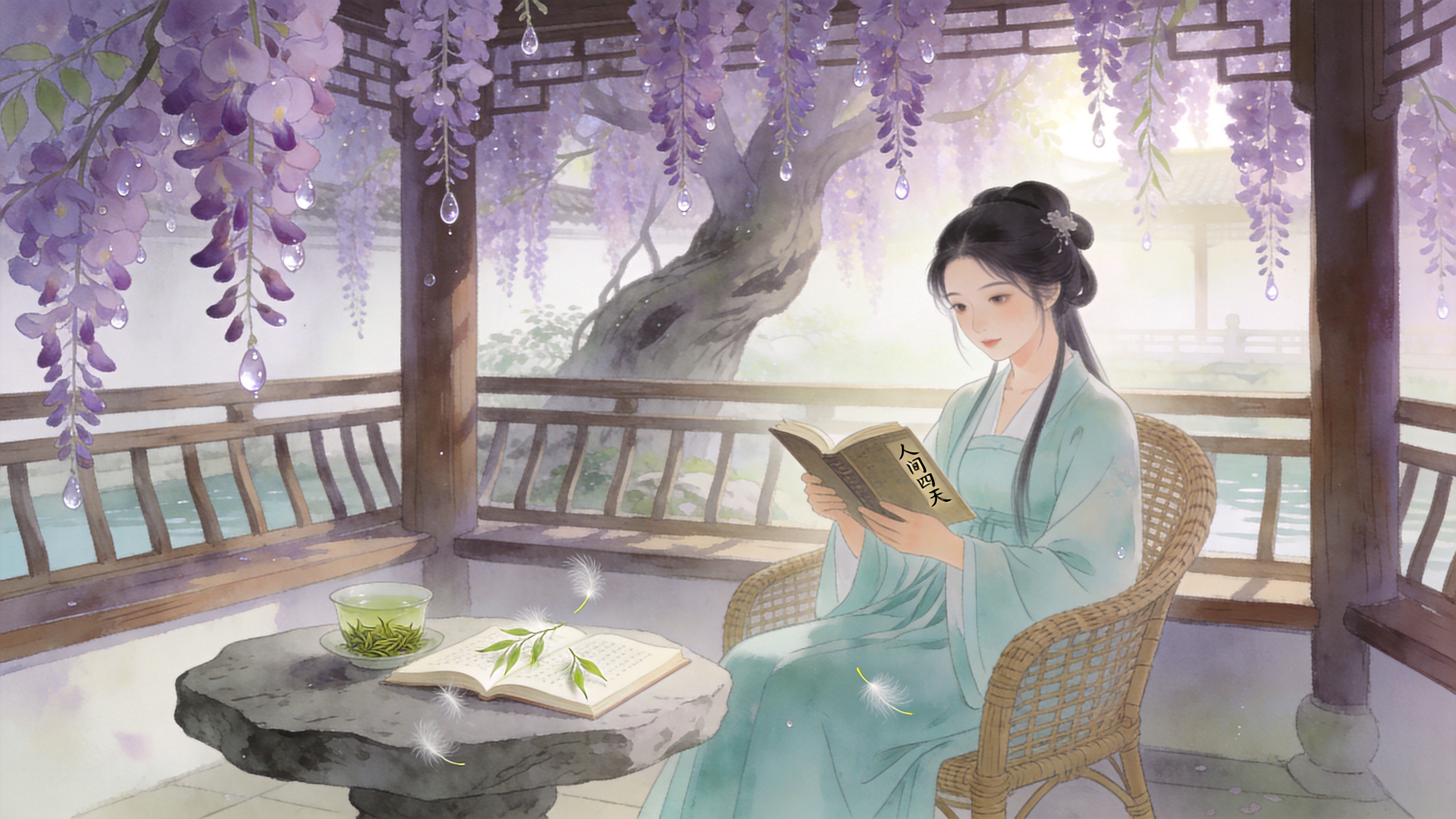 画面定格在2026年4月2日的清晨，江南水乡的一处幽静庭院。庭院中央有一株百年的紫藤花，花开得正盛，如紫色的瀑布般倾泻而下，垂落在古朴的木质回廊上。花瓣上还挂着晶莹剔透的露珠，在晨光中闪烁。一位穿着淡青色汉服的少女正坐在回廊的藤椅上，手中捧着一卷古书，身旁的石桌上放着一杯刚沏好的碧螺春，茶香袅袅升起。几只柳絮随风飘落在书页上，营造出一种宁静致远的春日氛围。

新中式国潮插画风格，融合了传统工笔画的细腻线条与现代插画的清新配色。色彩以青色、淡紫、米白为主，色调柔和雅致。光影处理采用柔和的漫射光，强调空气感。画面具有细腻的水彩质感，背景适当虚化，突出主体，整体呈现出一种‘人间四月天’的诗意与唯美。