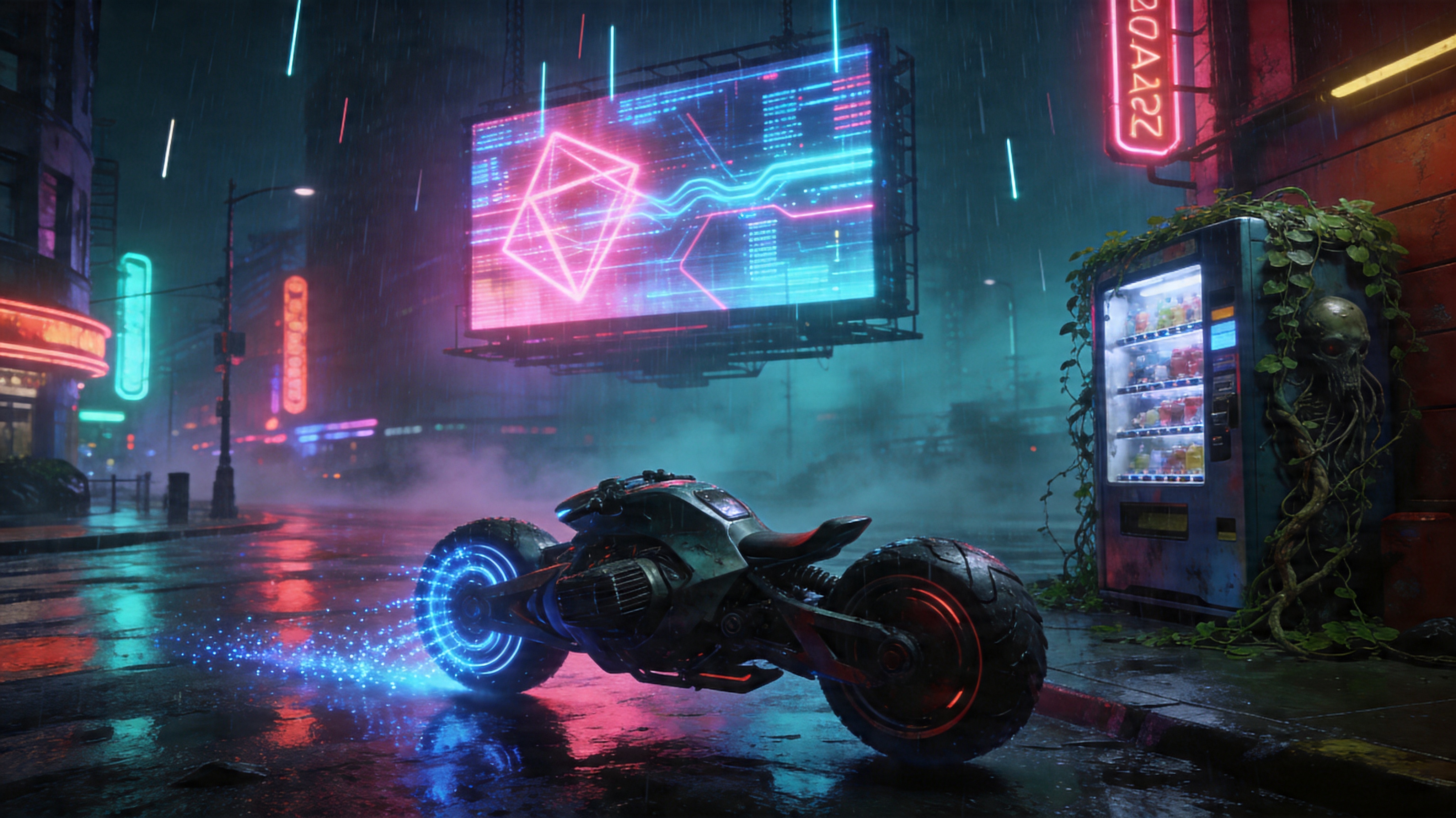一个充满未来主义色彩的赛博朋克城市景观，设定在2026年4月的一个雨夜。巨大的全息投影广告牌悬浮在半空中，播放着抽象的几何图形和流动的数字代码，广告牌的光芒是霓虹粉和电光蓝。街道湿漉漉的地面反射着五光十色的霓虹灯。前景是一辆造型奇特的悬浮摩托，车轮旋转时喷射出蓝色的粒子流。路边的自动售货机生长出了真实的藤蔓植物，金属与有机生命体形成了强烈的对比。天空下着细雨，雨丝在霓虹灯光下如同发光的针线，整个城市在雨幕中显得迷离而神秘。

概念艺术与赛博朋克风格，受《银翼杀手2049》启发。强调冷暖色调的强烈冲突（洋红色与青色的互补色）。光影具有戏剧性，体积雾和辉光效果强烈。材质上强调金属的冷硬质感、全息投影的透明感以及湿润地面的反光感。画面构图具有纵深感，透视准确，充满科技感与颓废美并存的末世浪漫气息。