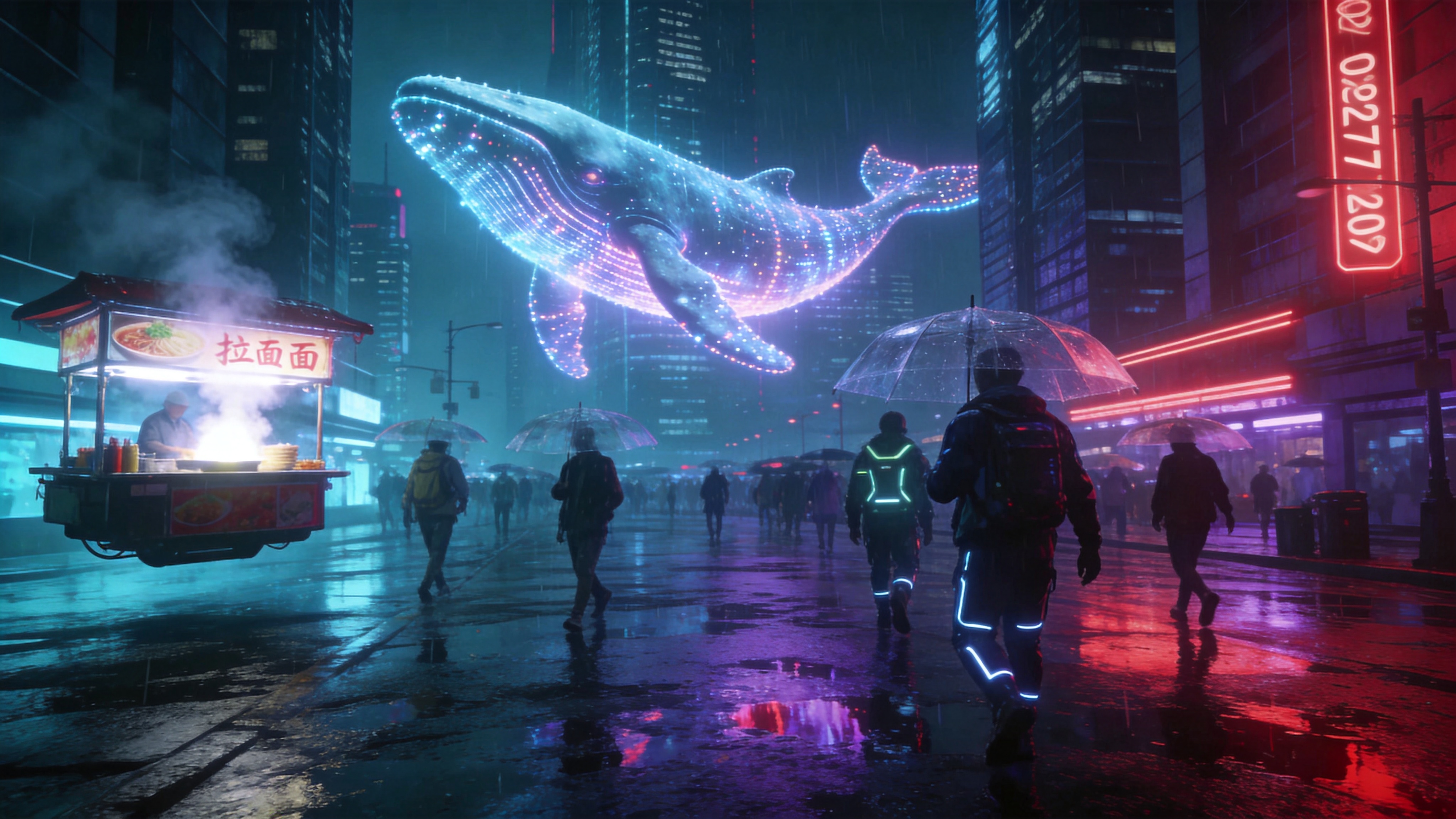 未来的超级都市夜景，时间是2026年5月17日的深夜。巨大的全息投影鲸鱼在摩天大楼之间游弋，鲸鱼的身体由发光的霓虹粒子构成，仿佛在数字海洋中呼吸。街道上，身穿发光机能风服饰的行人撑着透明的雨伞走过积水的路面，雨水倒映着紫红色的赛博霓虹灯光。左侧是一个悬浮的拉面摊位，热气腾腾的白光与周围冷冽的蓝色灯光形成冷暖对比，充满科技感与烟火气的交织。

赛博朋克摄影风格，强烈的冷暖对比色调（青色与洋红），电影级布光，湿滑路面的高光反射，超广角镜头，噪点质感，虚幻引擎5渲染级别，细节极度丰富，充满未来主义的压迫感与美感。