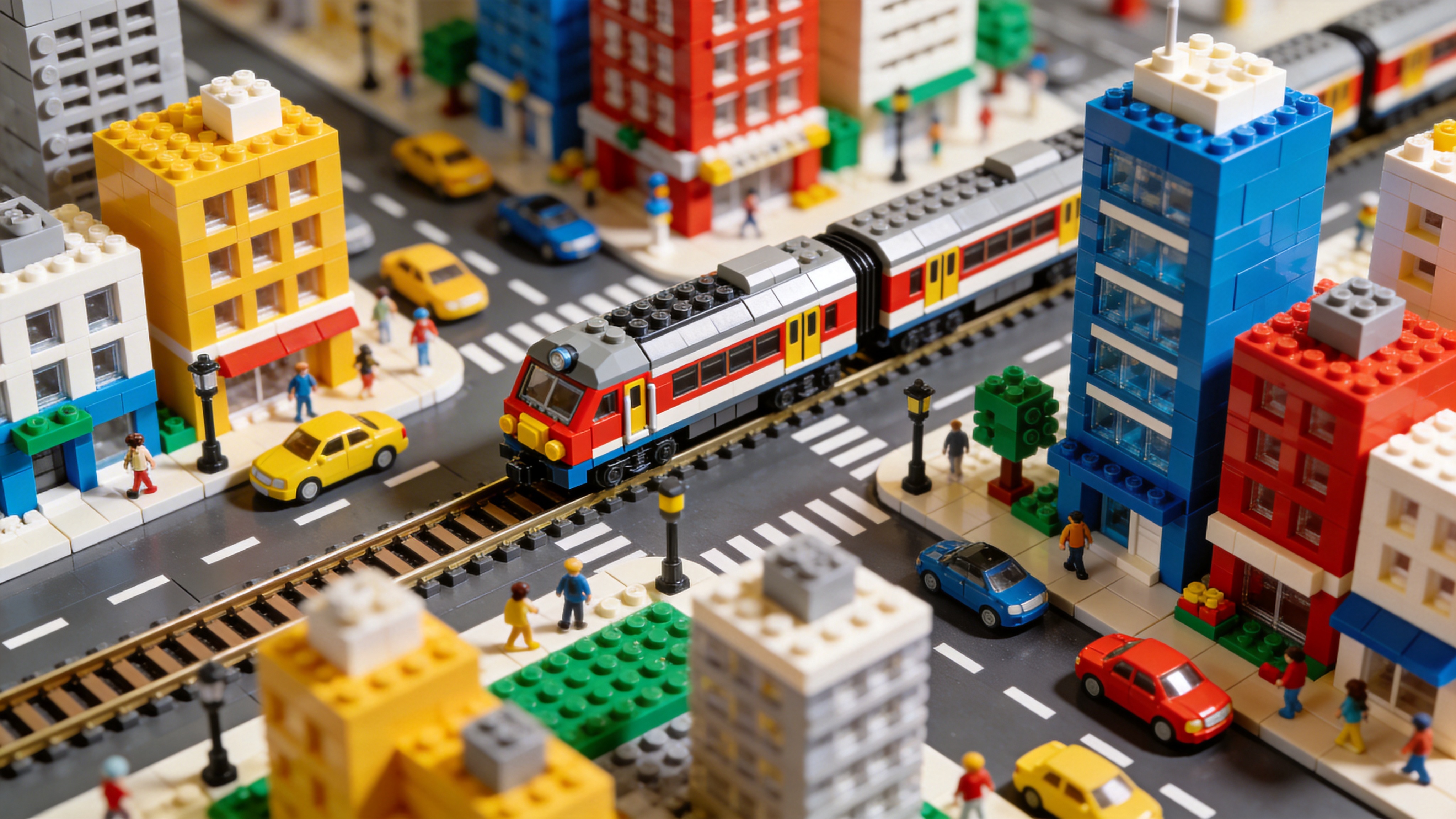 一座用乐高积木搭建的微观城市，街道、汽车、行人、高楼全部由积木构成，一辆积木火车正穿过城市，色彩鲜艳，充满童趣和创意，俯视视角。

3D渲染，等距视角（Isometric view），玩具摄影质感，色彩明快，硬朗的边缘，全局光照，塑料材质，快乐氛围。