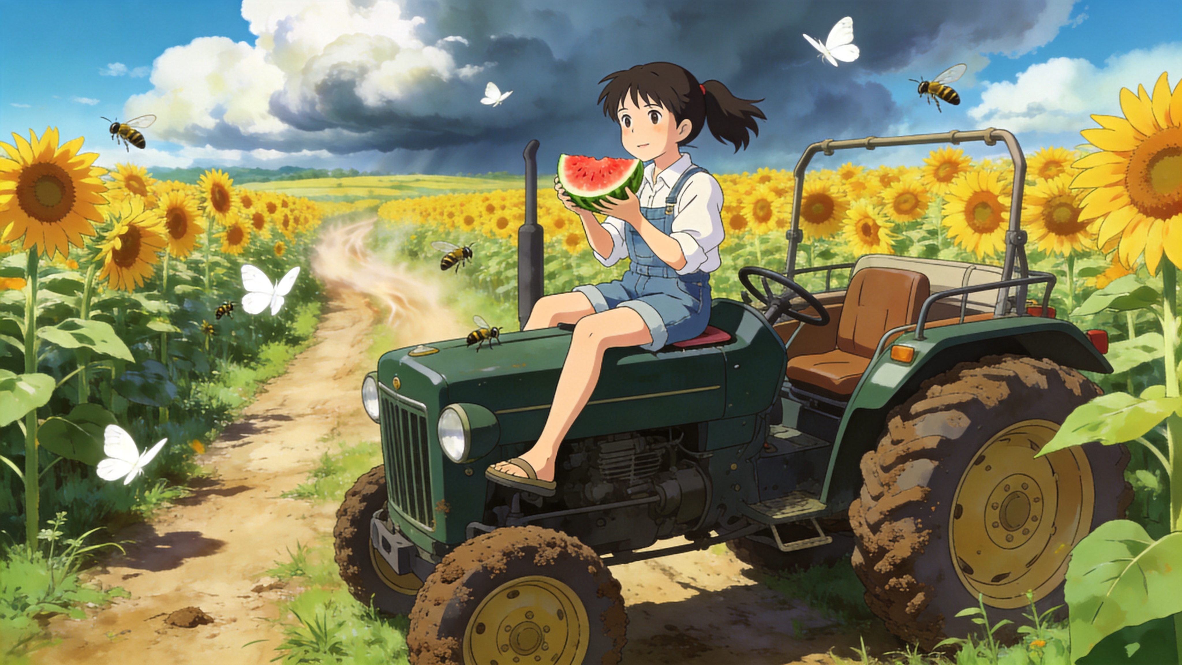 2026年8月末的盛夏午后，一片向日葵田正处于盛花期，金黄色的花盘在阳光下肆意舒展，仿佛在追逐太阳的轨迹。画面中央是一辆复古的深绿色敞篷拖拉机，停在田埂土路上，车轮沾满泥土。一位穿着白色亚麻衬衫和牛仔背带裤的少女坐在引擎盖上，手中拿着半个刚切开的冰镇西瓜，红色的瓜瓤透着清凉，几只不知名的野蜂和白色蝴蝶在花丛与少女周围飞舞。远处的地平线上，热浪蒸腾使空气微微扭曲，巨大的积雨云正在天边缓慢堆积，预示着一场夏末的雷阵雨即将来临。

高饱和度宫崎骏吉卜力动画风格，色彩明亮清新，以金黄色、翠绿色和天蓝色为主色调。运用赛璐珞上色技法，线条简洁流畅，光影处理强调体积感和空气感，背景云朵具有标志性的蓬松质感，整体氛围充满治愈感和夏日童话气息。