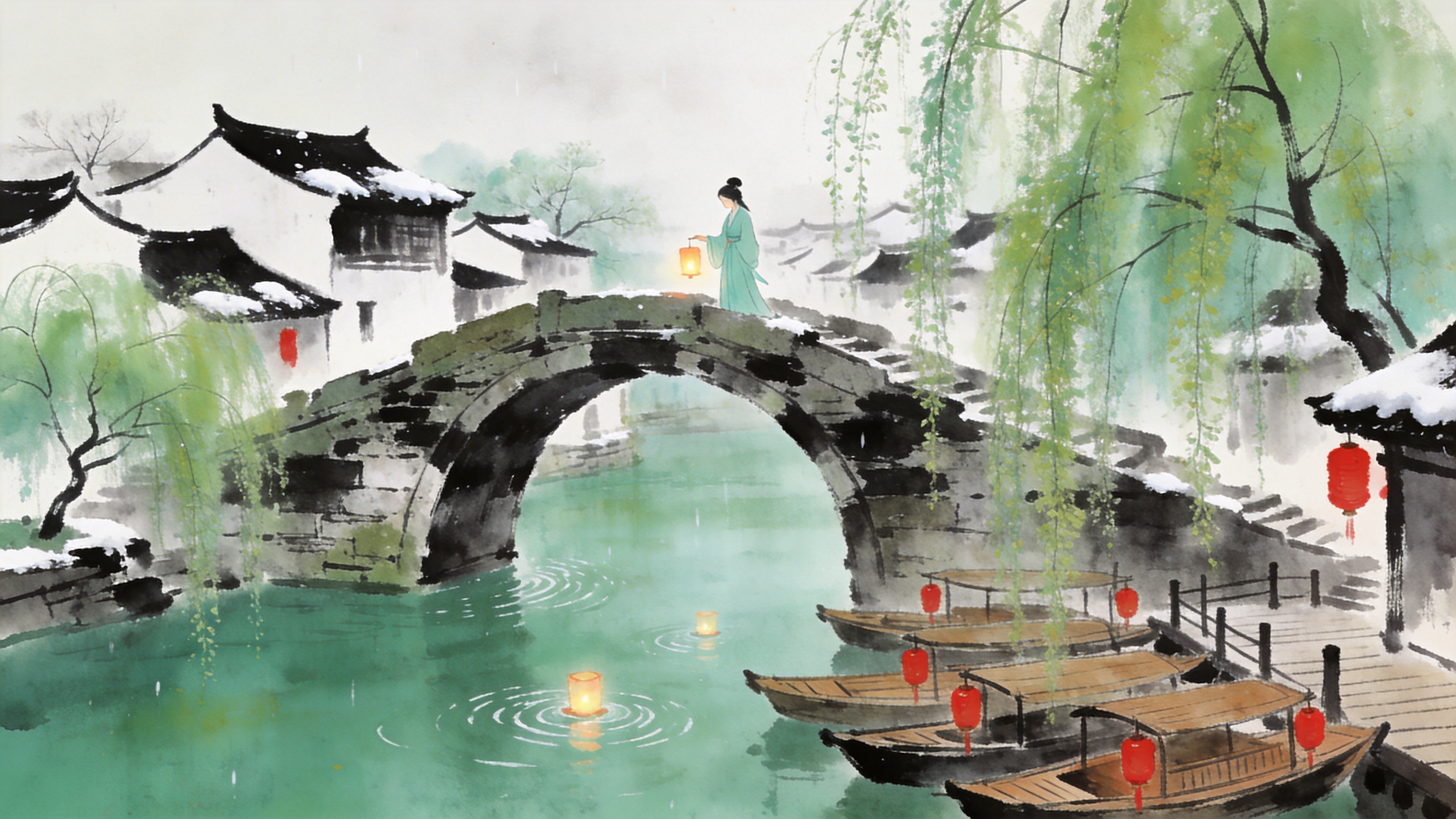 初春时节的江南水乡，一座斑驳的石拱桥横跨在碧绿的河面上。岸边垂柳依依，嫩绿的柳枝轻拂水面，泛起层层涟漪。几只木船静静地停泊在码头，船头挂着红色的灯笼。远处是白墙黑瓦的徽派建筑，错落有致，屋顶上还残留着些许未融化的春雪。一位身着淡青色汉服的女子正站在桥头放河灯，河灯在水中缓缓漂流，画面充满了诗意和淡淡的怀旧气息。

新中式水墨插画风格，融合了传统水墨的晕染技法与现代水彩的通透感。线条流畅洒脱，色彩淡雅，以青、绿、白、黑为主，点缀少量朱红。留白处理得当，营造出烟雨朦胧的意境。光影柔和，没有强烈的阴影，强调气韵生动和东方美学的含蓄之美，宛如一幅精美的画卷。