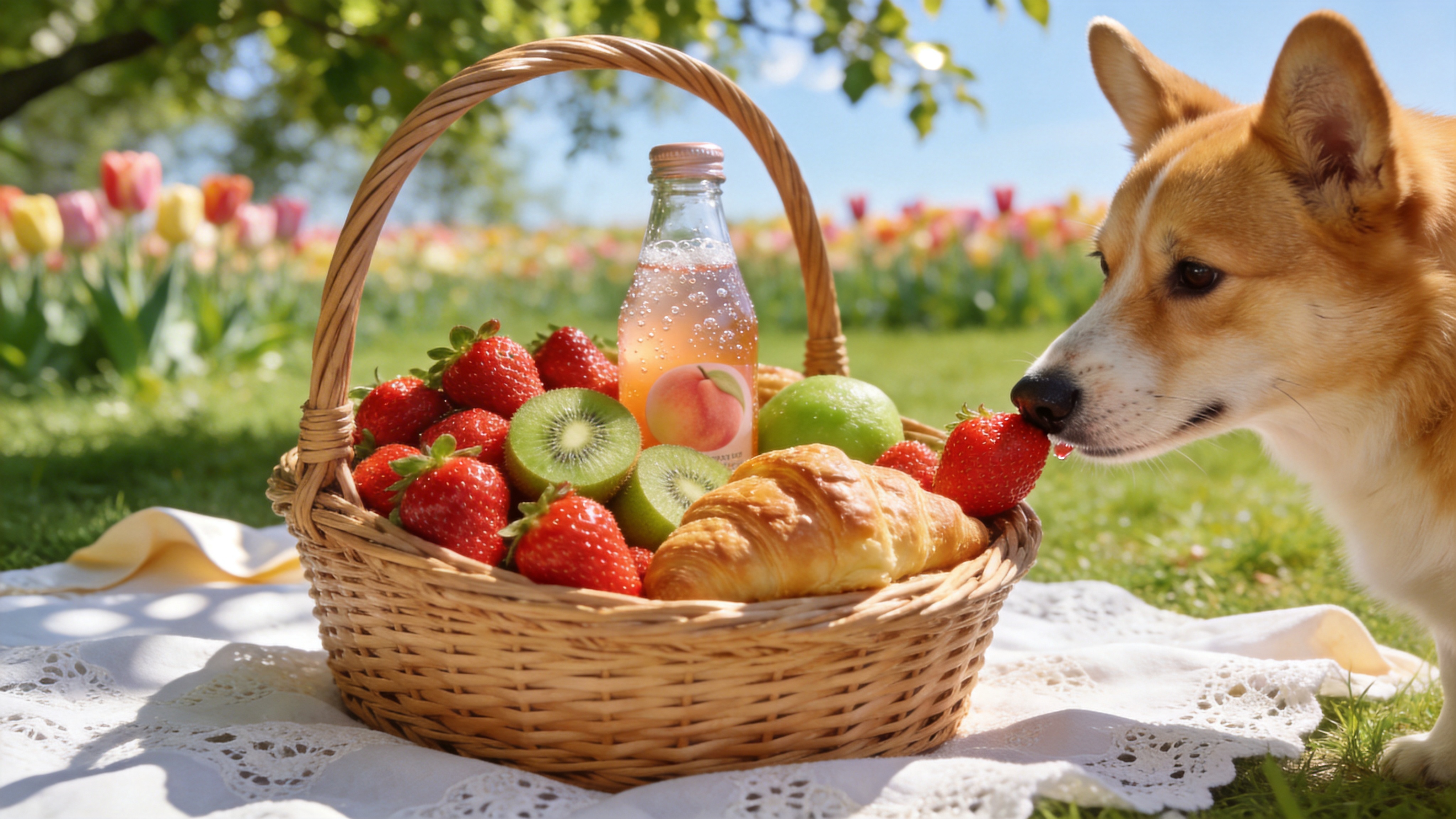2026 年春日的一场户外野餐，画面中心是一个编织精美的藤野餐篮，里面堆满了时令美食：鲜红欲滴的草莓、翠绿的奇异果、刚刚出炉的可颂面包和一瓶冒着气泡的桃子气泡水。阳光透过树叶的缝隙，斑驳地洒在铺着白色蕾丝桌布的草地上，一只毛色金灿灿的柯基犬正好奇地凑近一块草莓，鼻尖微微湿润。背景是虚化的绿色草地和远处盛开的郁金香花田，微风吹起桌布的一角，画面充满了生机与甜蜜的生活气息。

现代商业摄影风格，佳能 EOS R5 拍摄质感。自然光照明，景深效果极佳，主体清晰锐利，背景柔和虚化。色彩鲜艳饱满，追求高明度的清新调色，强调食物的纹理和皮毛的质感，呈现出温馨、治愈且高级的生活美学。