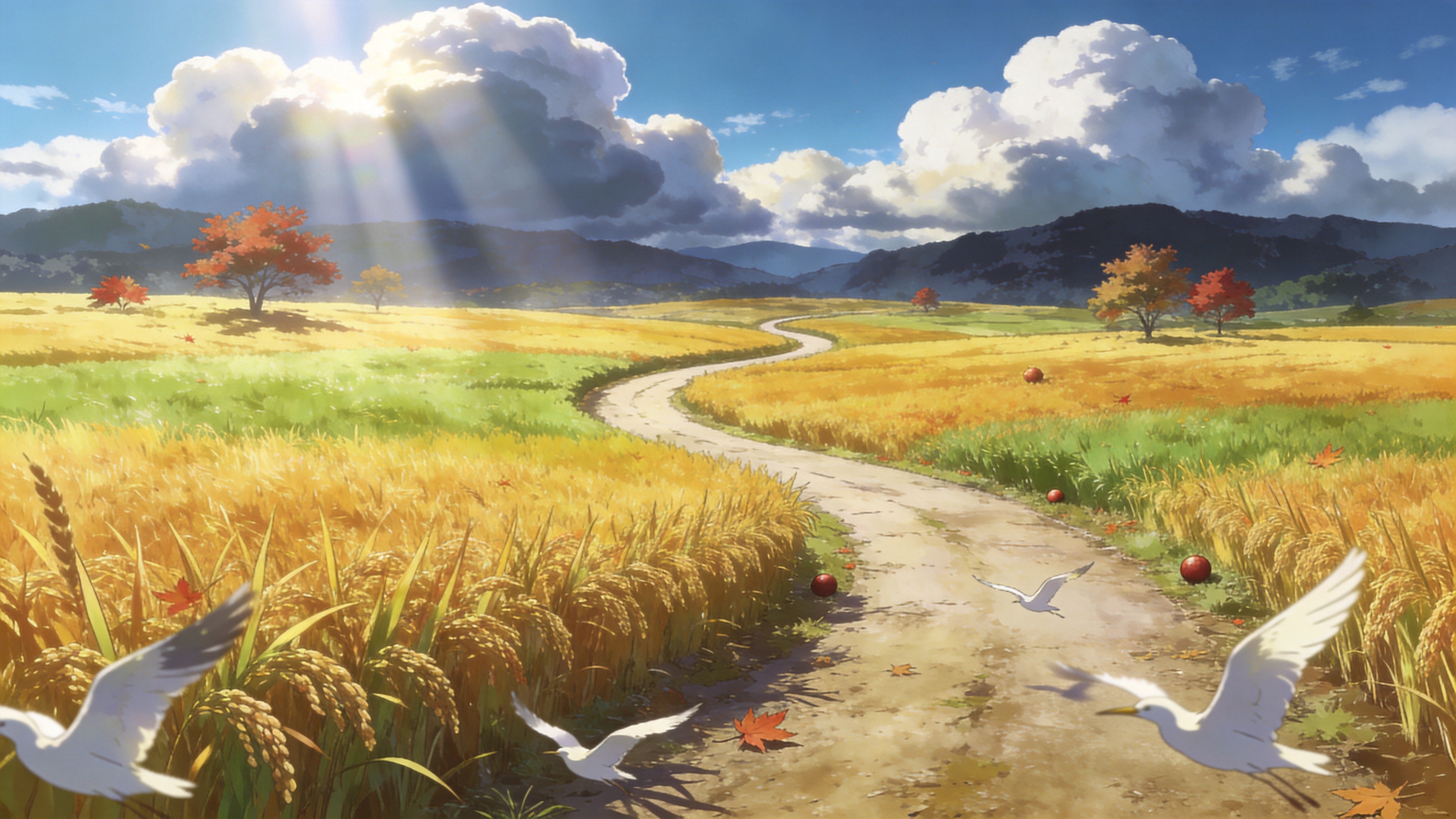 这是一幅捕捉夏末初秋交替之日的风景画。画面主体是一条蜿蜒穿过金色稻田的乡间小路，稻穗饱满，呈现出黄绿渐变的色彩。路旁散落着几颗开始泛红的枫树，预示着秋天的到来。远处是连绵起伏的黛色山峦，天空中飘浮着巨大的、积雨云般的白色云朵，阳光透过云层洒下丁达尔效应的光柱，温暖而耀眼。画面前景有几只惊起的白鹭飞向远方，空气中弥漫着收割季特有的干燥而温暖的气息。

新海诚风格动漫场景艺术，高分辨率，超精细的背景细节，强调光影的通透感和空气感。色彩饱和度高但清新，强调金色的阳光与蓝色的天空对比。使用 Cinematic Lighting，景深效果，8K画质，构图具有电影镜头感。