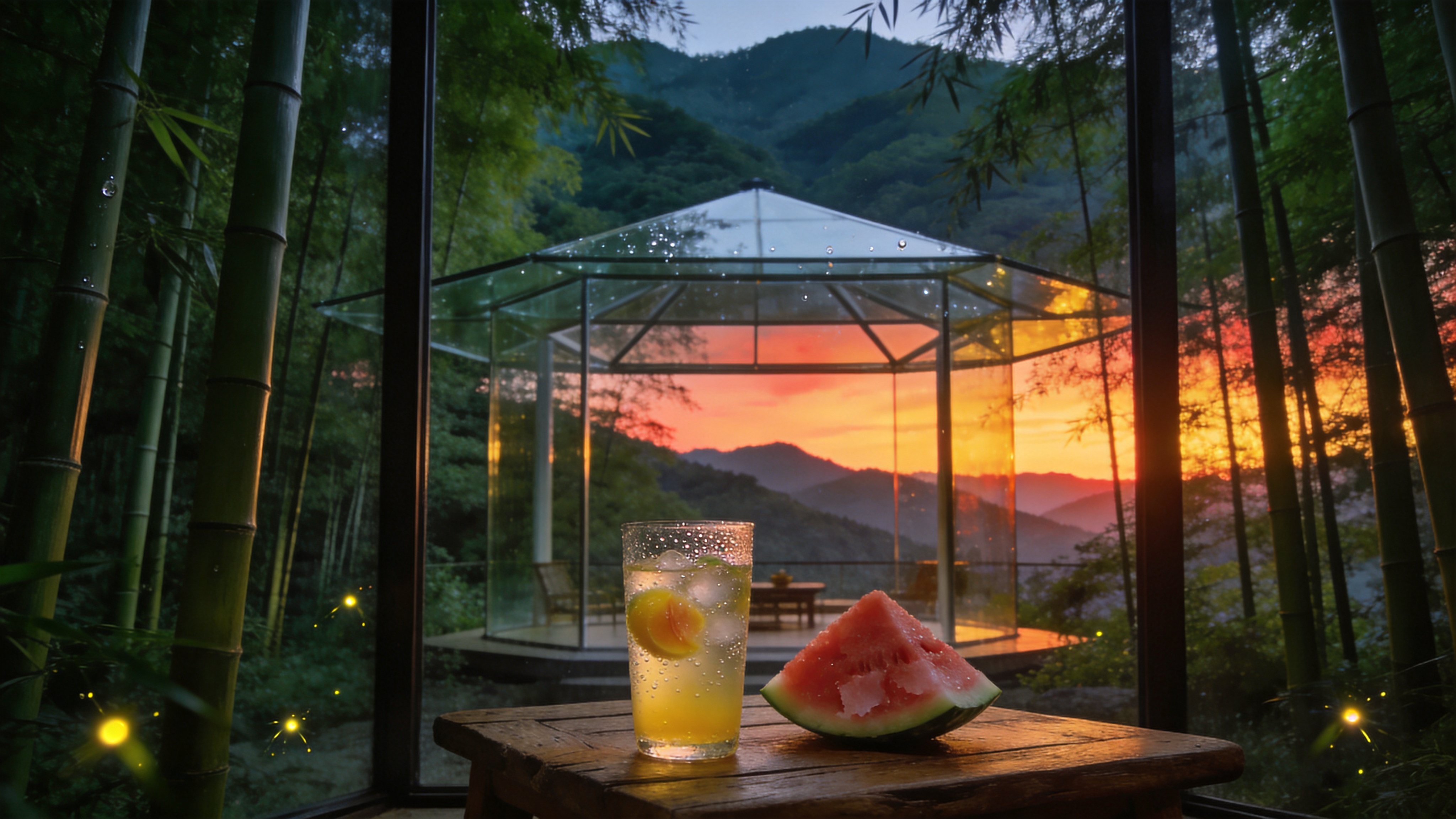 2026年盛夏的傍晚，一座隐匿于深山竹林中的半山亭。画面中央是现代设计的透明玻璃凉亭，亭内摆放着一张老榆木茶桌，桌上放着一套冰镇好的黄桃气泡水和切开的冰镇西瓜，玻璃杯壁上凝结着细密的水珠。透过凉亭的落地窗，可以看到远处层层叠叠的青山被夕阳染成金红色，几只发光的萤火虫在前景的竹林间若隐若现，营造出一种清凉避暑的惬意感。

新中式美学与建筑摄影风格，结合了王家卫电影式的光影质感。色调以青绿色（竹林）和琥珀金（夕阳）为主，冷暖对比强烈。高分辨率，光影通透，强调玻璃的折射感和水珠的晶莹质感，画面带有空气感和微距景深效果。