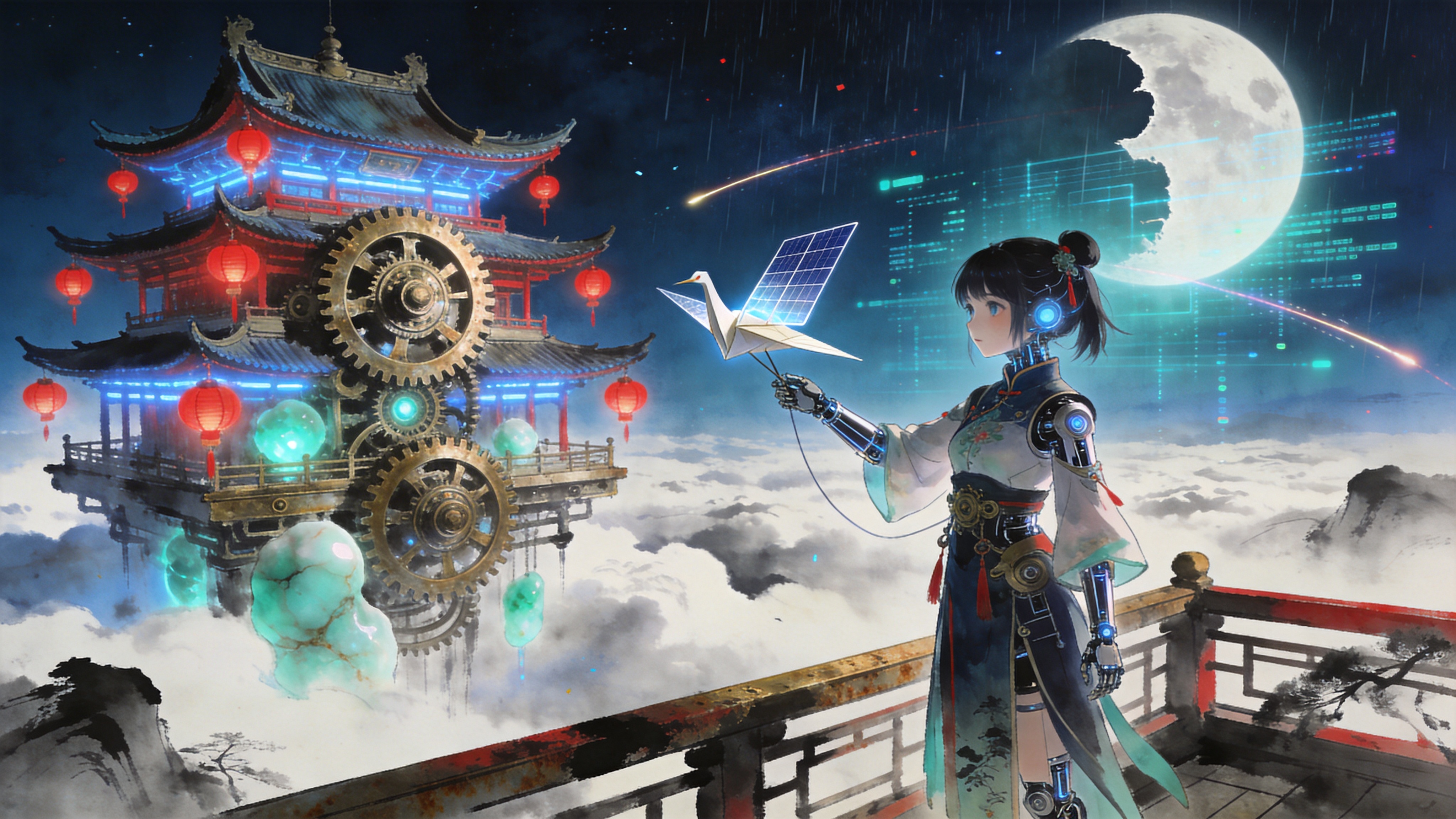 一座悬浮在云海之上的古代中式楼阁，由巨大的青铜齿轮和发光的玉石构建而成。楼阁的飞檐翘角上挂满了随风摇曳的红灯笼，但灯笼发出的不是烛光，而是冷艳的霓虹蓝光。一位身着改良版汉服的机械师少女，正站在露台上操控着一只半机械化的纸鹤。纸鹤的翅膀由透明的太阳能板制成，正在夜空中划出一道流光轨迹。远处的天空中，一轮巨大的全息投影满月与真实的残月交相辉映，春雨夹杂着细碎的数据流静静落下。

赛博朋克与国风水墨的融合风格（Cyberpunk-Ink Wash）。视觉上具有强烈的对比度，深邃的夜空蓝与高亮的霓虹红、青色形成撞色。笔触结合了传统水墨的晕染写意与概念艺术的精密机械结构。光影具有戏剧性，体积光强烈，材质上体现青铜的锈迹感与全息投影的通透感，充满东方未来的神秘气息。