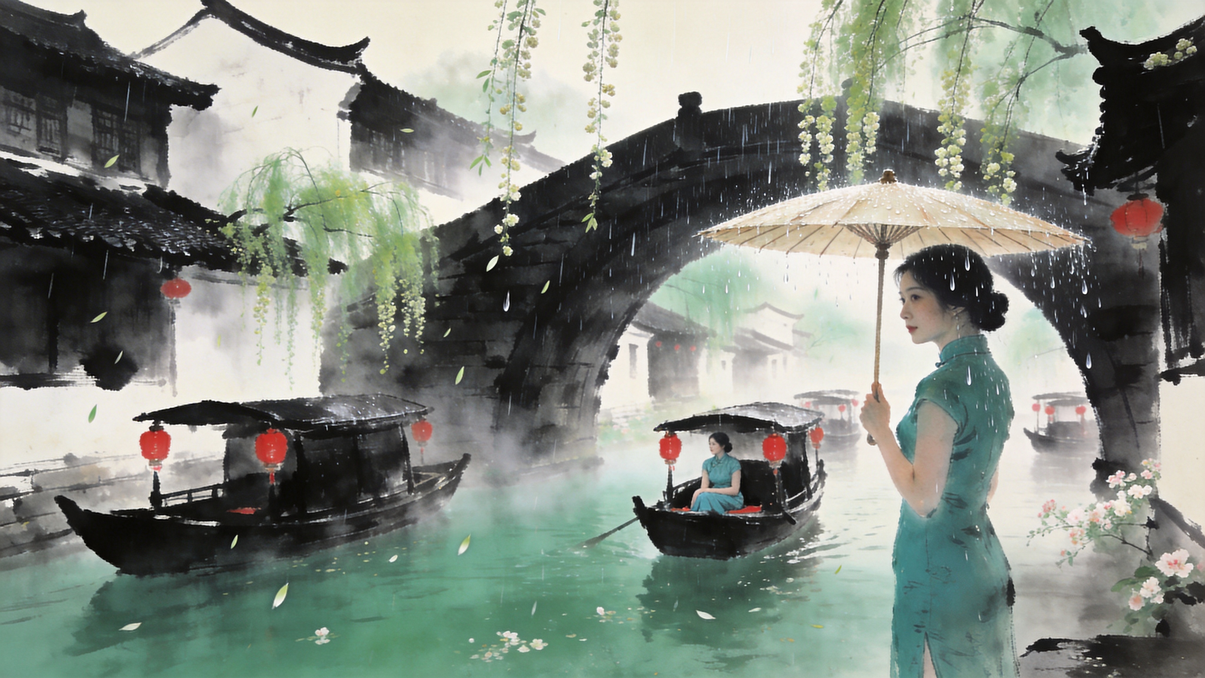 2026年4月6日的清晨，在一座江南水乡古镇的石拱桥上，细雨蒙蒙。桥下是碧绿的河水，几艘挂着红灯笼的乌篷船缓缓划过，船头坐着一位身着青色旗袍的女子，手撑一把油纸伞，正回眸凝视。两岸是白墙黑瓦的古老建筑，屋檐下挂着嫩绿的柳枝，柳絮随风飘落在水面上。空气中弥漫着湿润的水汽和淡淡的花香，画面捕捉到了雨滴打在油纸伞上的瞬间，充满诗意与故事感。

新中式国风水墨风格，融合了写实摄影的质感与水墨画的意境。色调以青绿色为主，搭配淡雅的米白和深沉的墨黑，营造出烟雨江南的清冷与幽静。光影柔和漫射，强调湿润的质感和雨丝的朦胧感，笔触细腻，注重留白艺术，构图具有电影般的景深感。