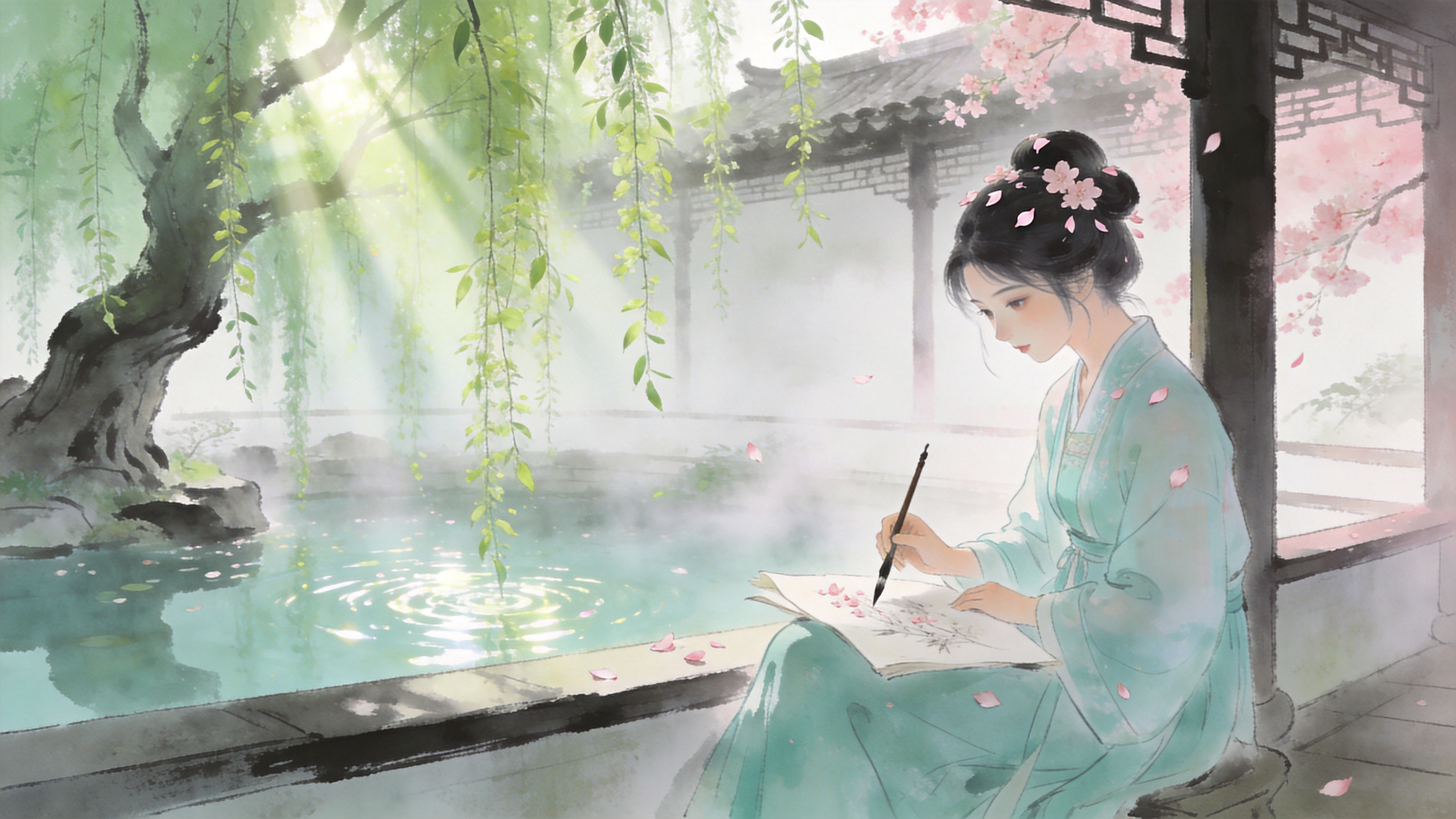 2026年3月30日的春日清晨，在一座古老的中式庭院里，一棵百年的垂柳刚刚吐出嫩绿的新芽，长长的柳枝垂落在波光粼粼的池塘水面上。一位身着淡青色汉服的少女正坐在池边的回廊上，手里拿着一支毛笔，正在对着窗外的春景写生。几只粉色的樱花瓣正随风飘落在她的宣纸和发髻上，空气中弥漫着淡淡的花香和晨雾，画面静谧而充满诗意。

新中式国潮插画风格，结合了传统水墨的晕染技法与现代插画的细腻线条。色调以清新的淡绿、樱花粉和宣纸白为主，光影柔和，采用丁达尔效应表现晨光穿透柳叶的质感。画面具有半透明的层次感和流动的笔触，营造出一种'春江水暖鸭先知'般的意境美。