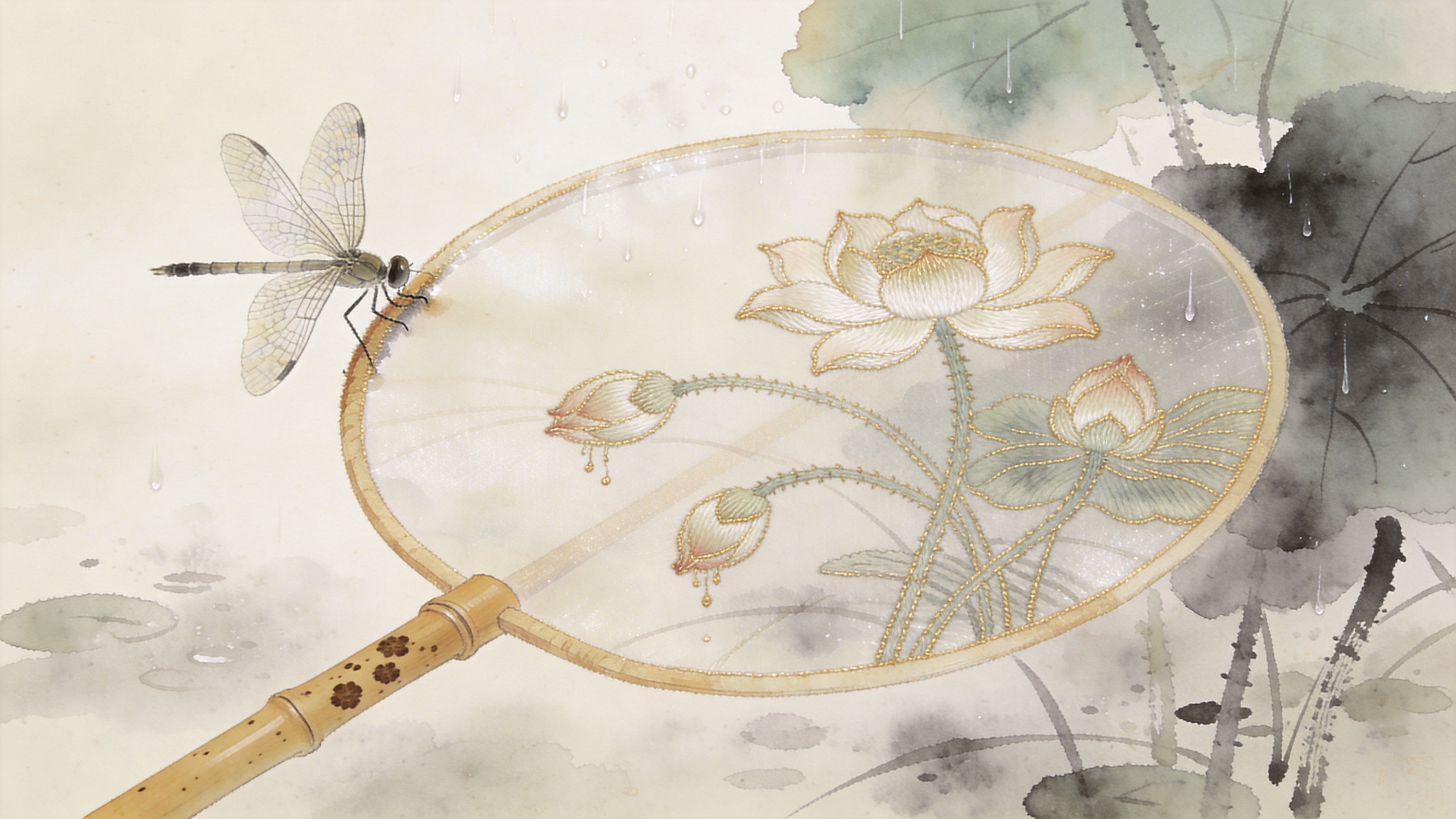 一幅充满夏日禅意的特写画面，描绘的是一把精致的团扇，扇面是半透明的真丝材质，上面用细金线绣着几朵欲坠未坠的荷花。扇柄是一段温润的湘妃竹，竹斑点点。一只蜻蜓停在扇面的边缘，翅膀薄如蝉翼，清晰可见上面的纹路。背景是晕染开的淡墨色，仿佛是雨后初晴的荷塘，水汽氤氲，意境悠远。

新中式工笔画风格，结合水彩的晕染技法，线条细腻流畅，色彩淡雅高级，以留白手法营造空间感，光影柔和均匀，强调材质的通透感和毛笔触发的肌理，整体画面宁静致远，富有书卷气。