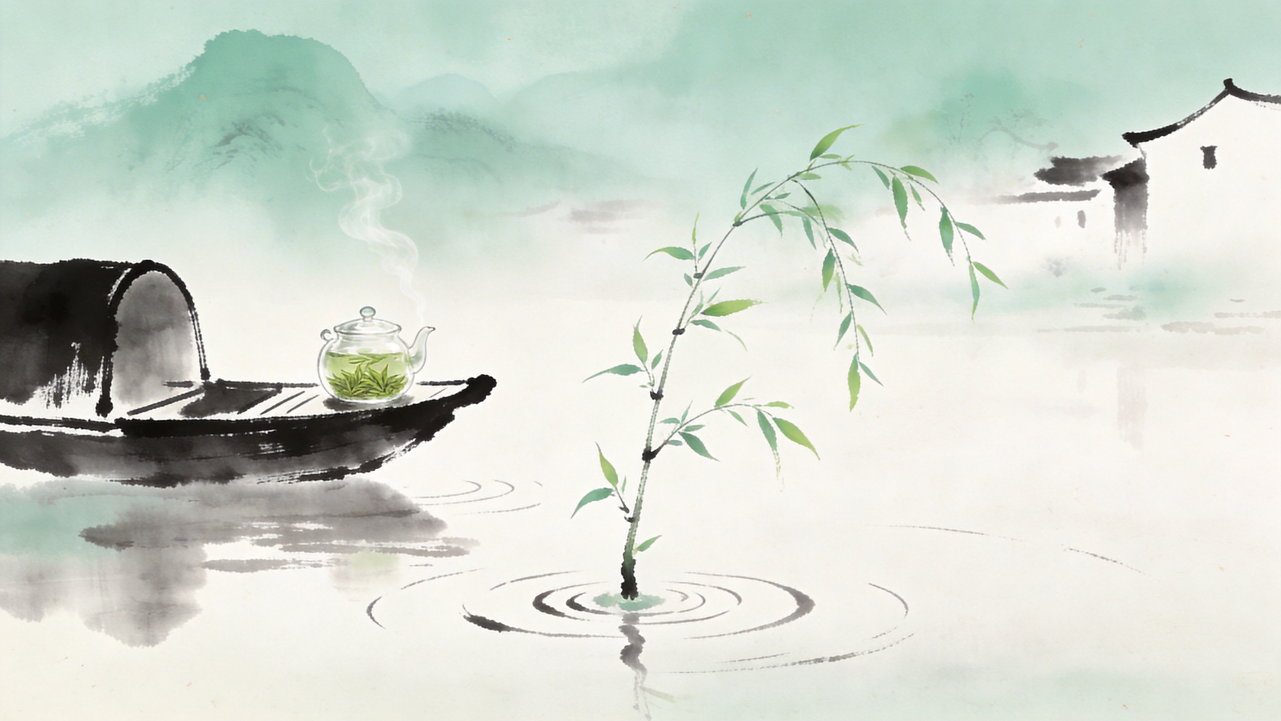 这是一幅结合了传统与现代的国风水墨画，描绘的是 2026 年春分时节的江南水乡。画面中央是一株从水中探出的新绿柳枝，柳叶纤细嫩绿，随风轻摆，象征着春天的生机。水面如镜，采用留白处理，仅用几笔淡墨勾勒出涟漪。一艘极简线条的乌篷船静静停泊在画面左侧，船头放着一只透明的玻璃茶壶，壶中泡着明前龙井，热气袅袅升起。背景是朦胧的远山和若隐若现的白墙黛瓦，虚实相生，意境深远，体现了‘春江水暖鸭先知’的诗意，但画面中只有静谧与禅意。

新中式水墨风格，工笔与写意结合，大量留白，淡雅的青绿色调（仿古宣纸底色），细腻的水墨晕染效果，笔触苍劲有力，富有东方哲学韵味，高清纹理，艺术插画质感，静谧雅致。