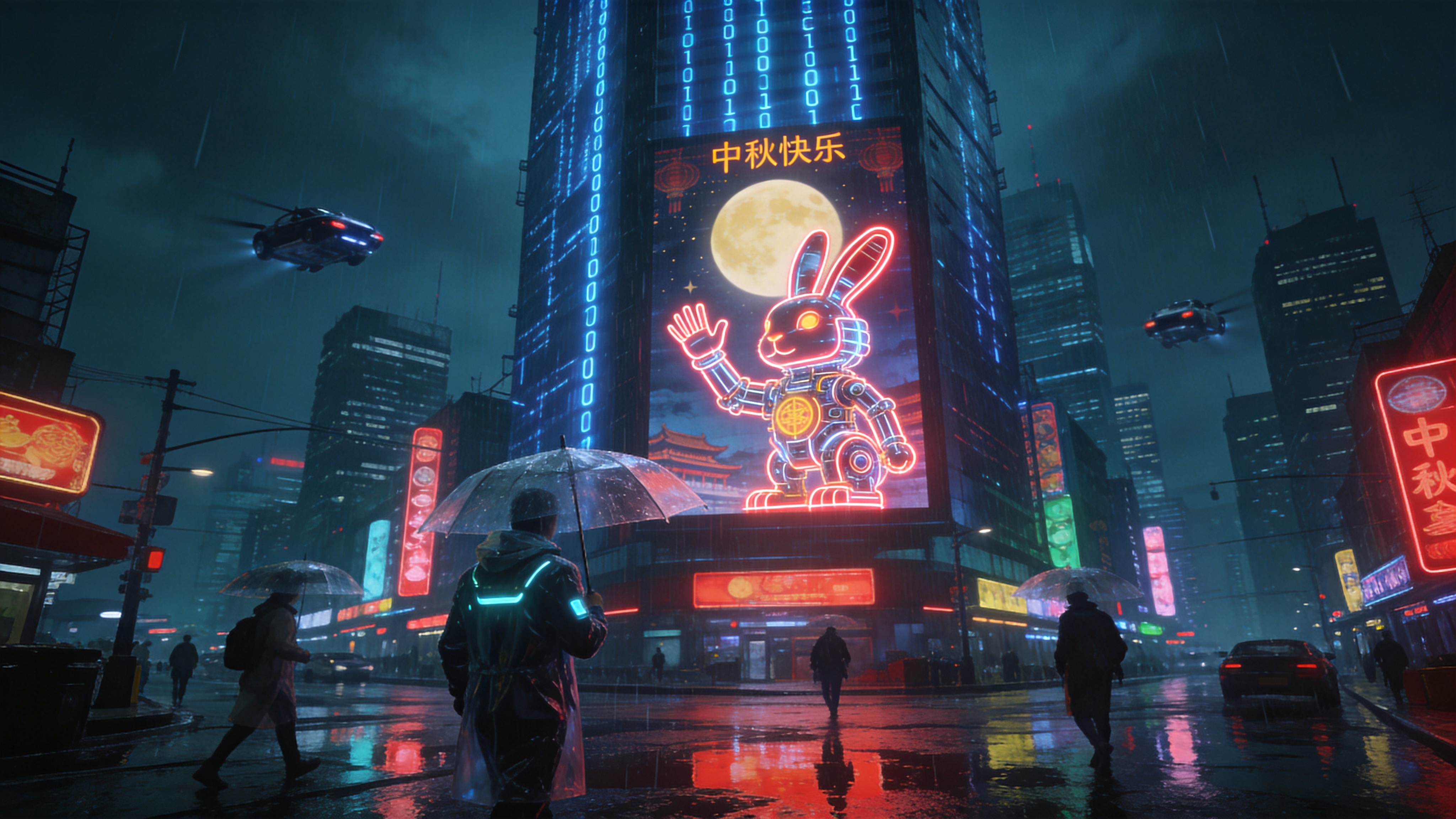 一个充满未来感的赛博朋克城市夜景，天空下着电子雨，但这并非普通的水滴，而是发光的蓝色二进制代码流。画面主体是一座高耸入云的全息广告塔，广告牌上显示着虚拟的中秋节庆祝画面——一只巨大的、由霓虹灯管构成的机械玉兔正在向观众挥手。街道上积水倒映着五光十色的招牌，身穿发光机能风风衣的行人撑着透明雨伞匆匆走过。远处的摩天大楼层层叠叠，飞行汽车穿梭其间，空气中弥漫着湿润的金属气息和电子脉冲的视觉张力。

赛博朋克概念艺术风格，电影级构图。主色调为深青色与洋红色的经典互补配色，强调高对比度和霓虹光效。画面具有强烈的科技感与冷峻感，材质表现突出（金属反光、玻璃折射、雨水质感）。体积光运用得当，呈现出压抑而迷幻的未来都市图景，3D渲染质感。