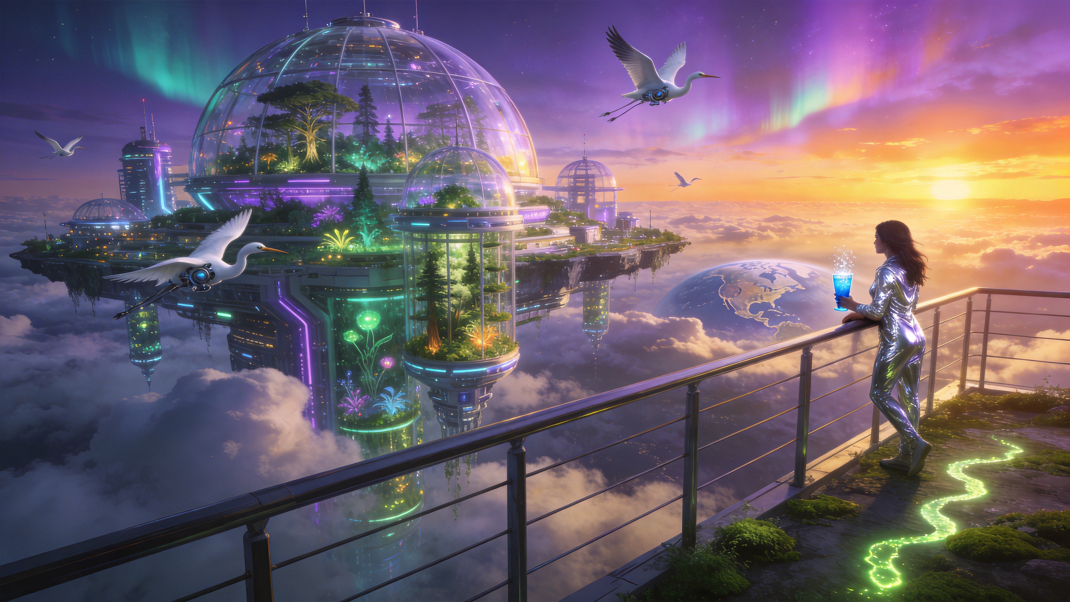 一座漂浮在云海之上的未来主义生态城市，时间是2026年的黄昏。巨大的透明穹顶建筑错落有致，内部可以看到郁郁葱葱的垂直森林和发光的植物。城市边缘没有围墙，而是直接延伸到云层之中，几只半机械化的白鹭正在建筑群之间穿梭飞翔。天空中呈现出绚丽的极光色，夕阳的余晖将云海染成紫罗兰与金橙色。近处是一个观景台，一位身穿银色流光面料的女性正靠在栏杆上，手中拿着一杯冒着气泡的蓝色饮料，眺望着远方若隐若现的旧地球轮廓。地面上长着发光的苔藓，每走一步都会留下淡淡的荧光足迹。

赛博朋克与太阳朋克融合的概念艺术风格。画面具有极高的清晰度和细节度，强调3D渲染质感。色彩高饱和度，使用霓虹青、电光紫和暖金色的强烈对比。光影效果戏剧化，体积光和辉光效果突出，玻璃和金属材质的反射质感逼真。构图宏大，透视感强，展现科技与自然完美共生的乌托邦景象。