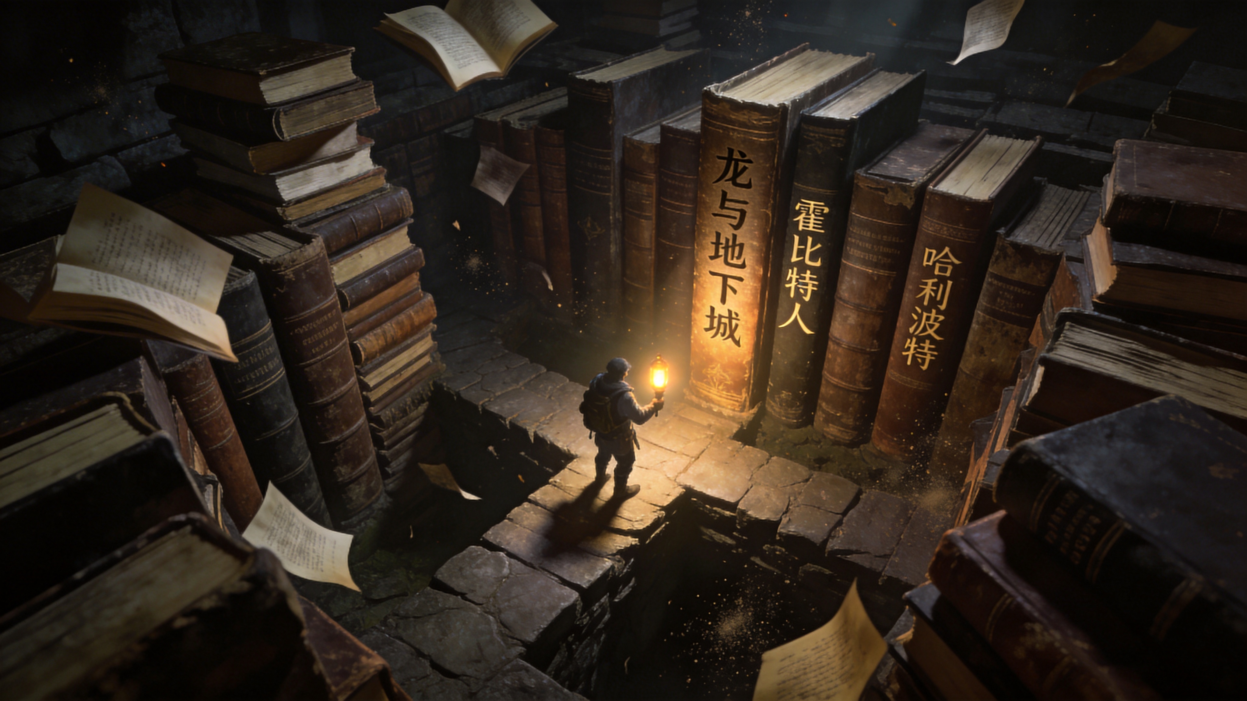 一个由无数本旧书堆砌而成的迷宫，书页翻飞形成墙壁，一个探险家手持提灯站在岔路口，灯光照亮了书脊上的文字，空气中漂浮着知识的尘埃，充满神秘感。

暗黑幻想风格，伦勃朗式光影，强烈的明暗对比，深褐色调，神秘氛围，精细的书本纹理，概念场景设计，D&D插画风格。