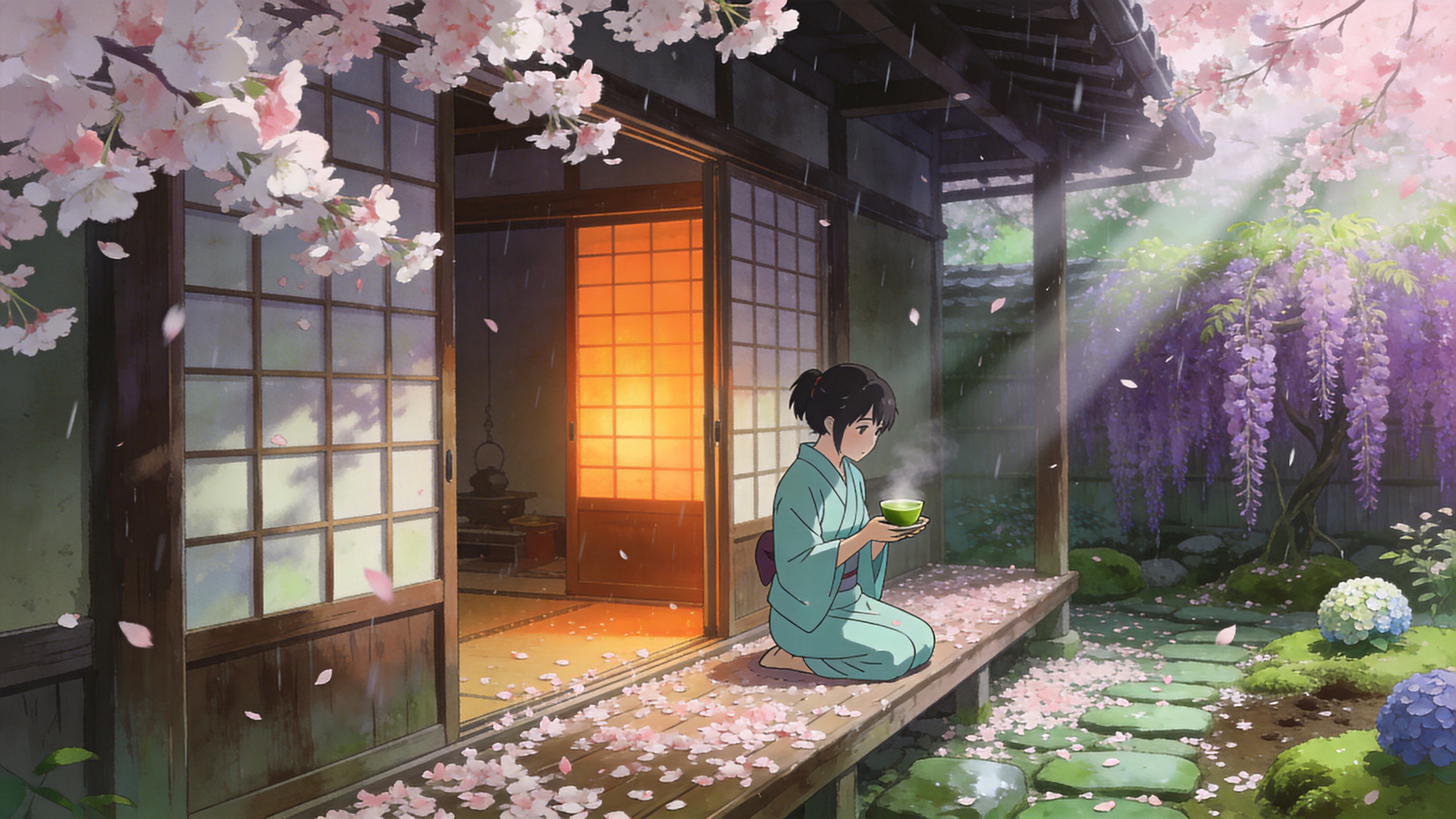 2026年4月7日的清晨，日本京都的一处隐秘庭院，一场盛大的樱花雨正在飘落。粉白色的樱花瓣铺满了青石板路，像是一层柔软的绒毯。画面中央是一座古老的木制茶室，纸拉门半开，露出里面温暖的橘色灯光。一位身着淡青色和服的少女正跪坐在廊下，手中捧着一杯热气腾腾的抹茶，眼神温柔地注视着庭院角落一株紫藤花，紫藤花如瀑布般垂下，与樱花交相辉映。空气中似乎弥漫着淡淡的茶香和湿润泥土的气息，几只迷路的绣球花球点缀在苔藓绿意中，充满了春日末尾的静谧与禅意。

新海诚动漫风格，超高清8K分辨率，极致的光影渲染，强调丁达尔效应（体积光），色彩清新透亮，粉、绿、青色调为主，线条细腻流畅，背景绘制极其精细，具有电影级的景深感和唯美的治愈系氛围。