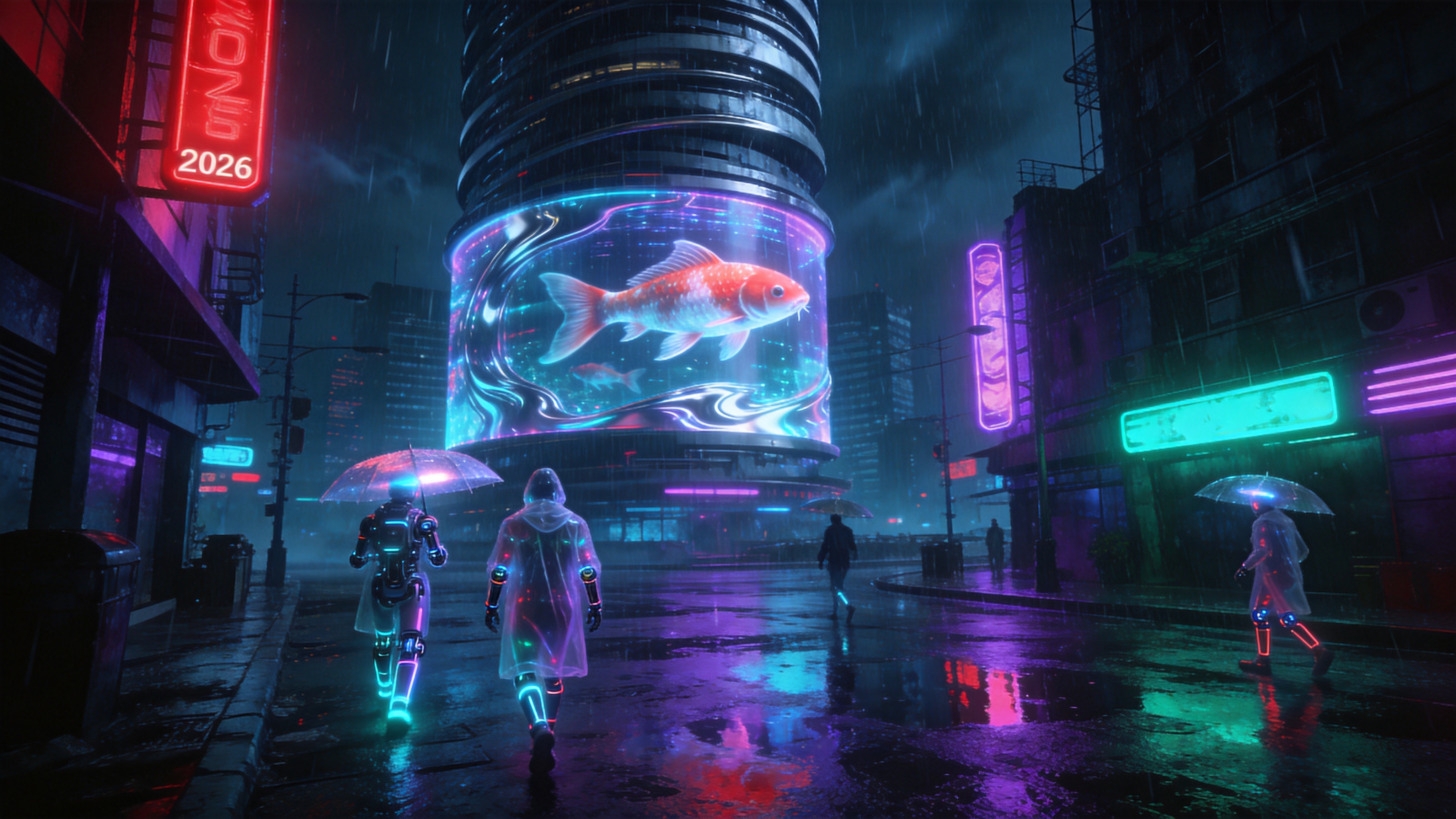 2026年的未来都市，一场突如其来的夏日雷阵雨正在倾盆而下。画面主体是一座高耸入云的螺旋状摩天大楼，外墙覆盖着流动的液态金属屏幕，屏幕上正滚动显示着全息投影的巨大锦鲤在空中游动。街道上积水倒映着霓虹灯牌的紫红与青蓝光芒，几个身穿透明雨衣、佩戴发光义肢的行人正撑着光伞匆匆走过，雨水在空中被染成了荧光色，充满赛博朋克的冷峻与绚丽。

赛博朋克概念艺术，强调湿滑路面的反光质感。光影采用强烈的冷暖对比，暗部偏蓝黑色，亮部为高饱和度的霓虹色（洋红、青色、电光紫）。细节极其丰富，强调机械结构的精密感与全息投影的半透明发光效果。整体氛围压抑而迷幻，展现高科技与低生活的冲突美学。