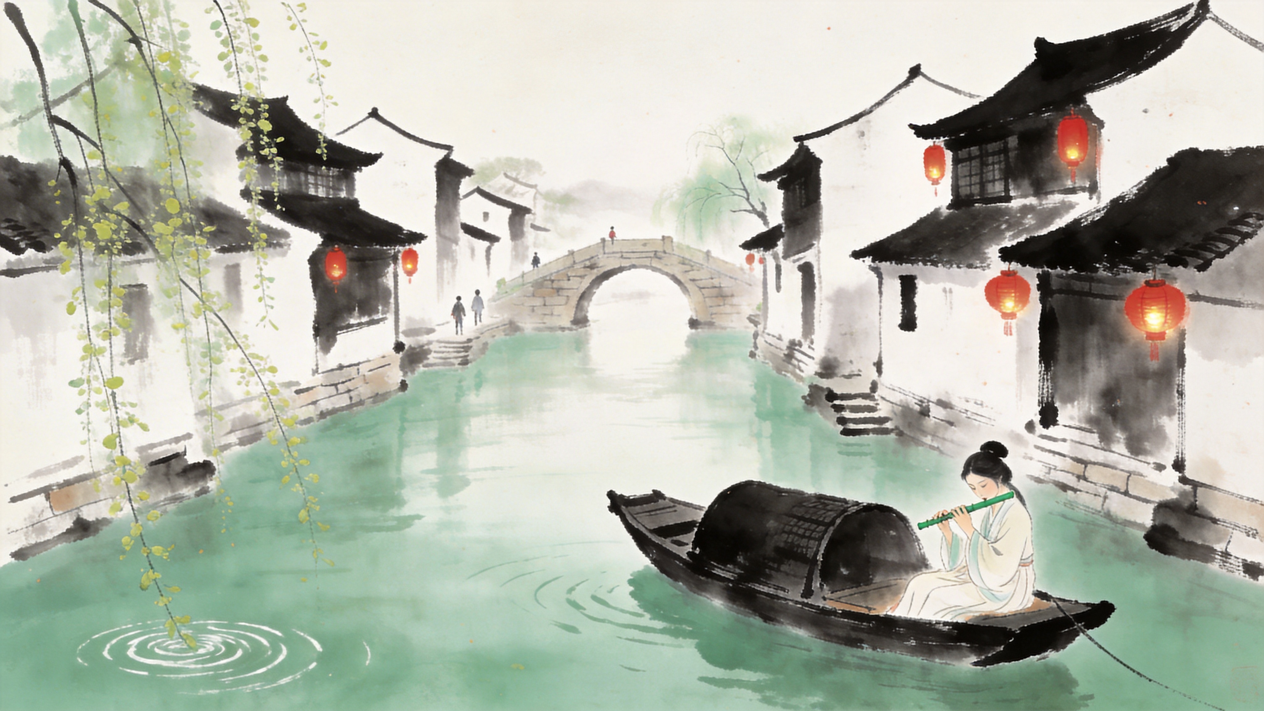 早春时节的江南水乡，一艘乌篷船停泊在碧绿的河面上，船头坐着一位身着素雅汉服的女子，她正低头吹奏一支碧玉长笛。两岸是白墙黑瓦的古老民居，屋檐下挂着几盏未点亮的大红灯笼。几枝刚发芽的嫩柳从画面左侧探入，柳枝轻拂水面，泛起微微涟漪。远处有一座石拱桥，桥上行人稀少，整个场景宁静致远，仿佛时间在这一刻静止，只余笛声悠扬。

新中式国风水墨风格，结合工笔画的细腻与水墨画的写意。色彩淡雅，以墨色、青绿和赭石为主，留白处理得当。笔触流畅自然，强调线条的韵律感，光影柔和朦胧，营造出一种诗意盎然、古风古韵的东方美学意境。