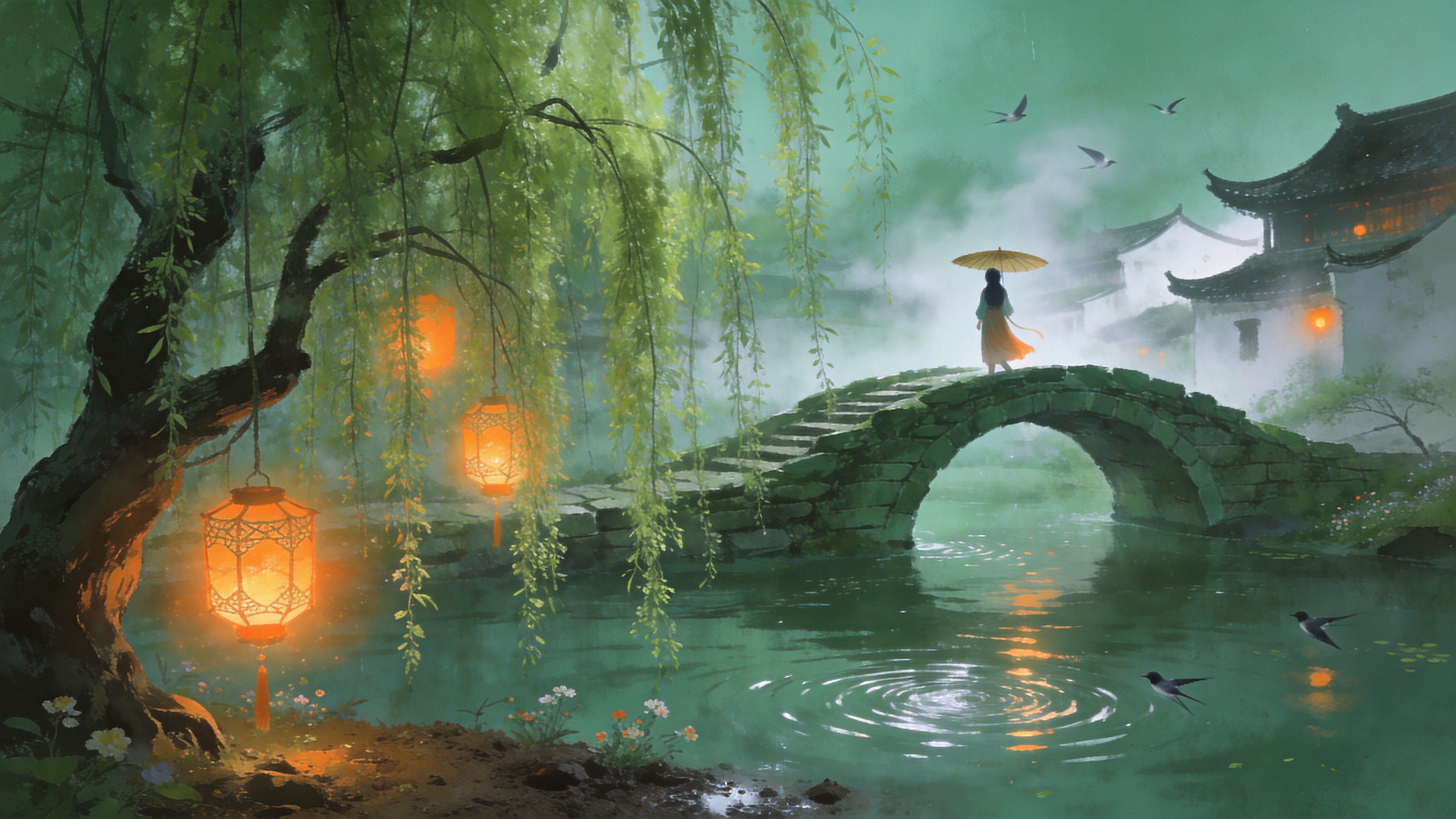 画面定格在2026年3月下旬的江南水乡，正值春分与清明之间。近景是一株古老的垂柳，嫩绿的柳枝如丝般垂下，轻拂着波光粼粼的水面。柳枝上挂着几盏精致的纸灯笼，透出温暖的橘黄光晕。中景是一座蜿蜒的青石拱桥，桥上撑着一把油纸伞的少女正缓缓走过，她的背影婀娜，裙摆随风微动。远处是若隐若现的白墙黛瓦，晨雾缭绕在屋檐之间，几只春燕正剪着尾巴低空掠过水面，激起一圈圈细微的涟漪。空气中弥漫着湿润泥土和淡淡花草的清香，充满了春日复苏的生机。

新中式国潮插画风格，结合了传统水墨的晕染技法与现代数字绘画的通透感。色调以青绿色为主，辅以暖橙色的灯光点缀，营造清冷中透着温润的氛围。笔触细腻流畅，注重光影的空气感渲染，具有高清晰度的纹理和唯美的电影级构图，如同梦境般诗意。