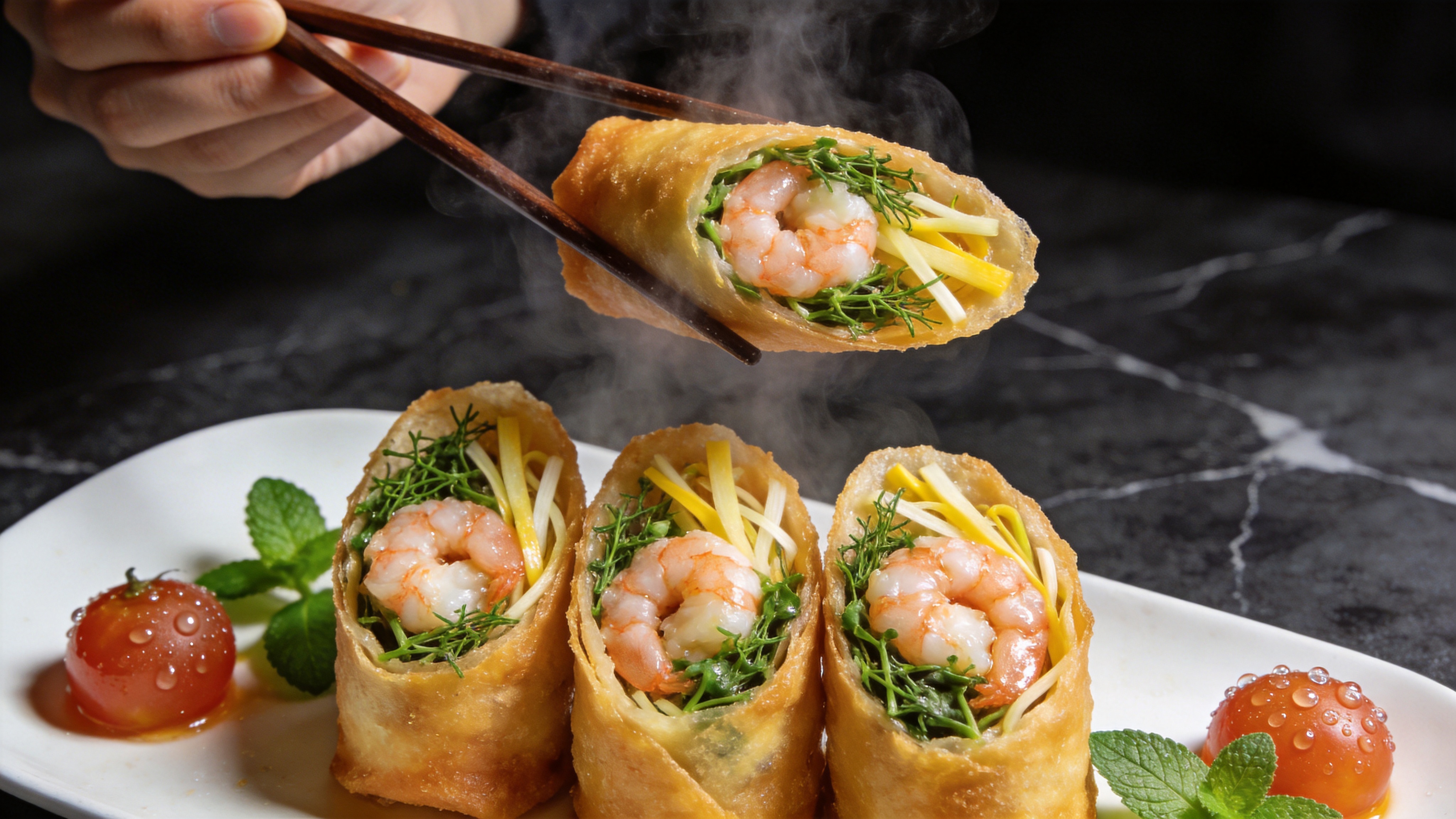 特写视角展示一盘创意十足的春分时令美食——'咬春'鲜虾春卷拼盘。盘中摆放着三只炸得金黄酥脆的春卷，切面露出饱满的鲜虾仁、翠绿的荠菜和嫩黄的春笋丝，旁边点缀着几颗晶莹剔透的露水状樱桃番茄和一抹翠绿的薄荷。背景是深色的大理石台面，上方有一只手正拿着筷子夹起一只春卷，热气腾腾的蒸汽缭绕在食物周围，仿佛能闻到酥脆鲜香的味道，充满了春日复苏的生机。

高级商业美食摄影风格，蔡司镜头效果，微距拍摄。光影采用经典的伦勃朗光，强调食物的质感和油润光泽。色彩对比强烈，暖黄色的食物与冷灰色的背景形成鲜明对比。画质极其锐利，细节丰富，具有米其林餐厅菜单的奢华感和诱惑力。