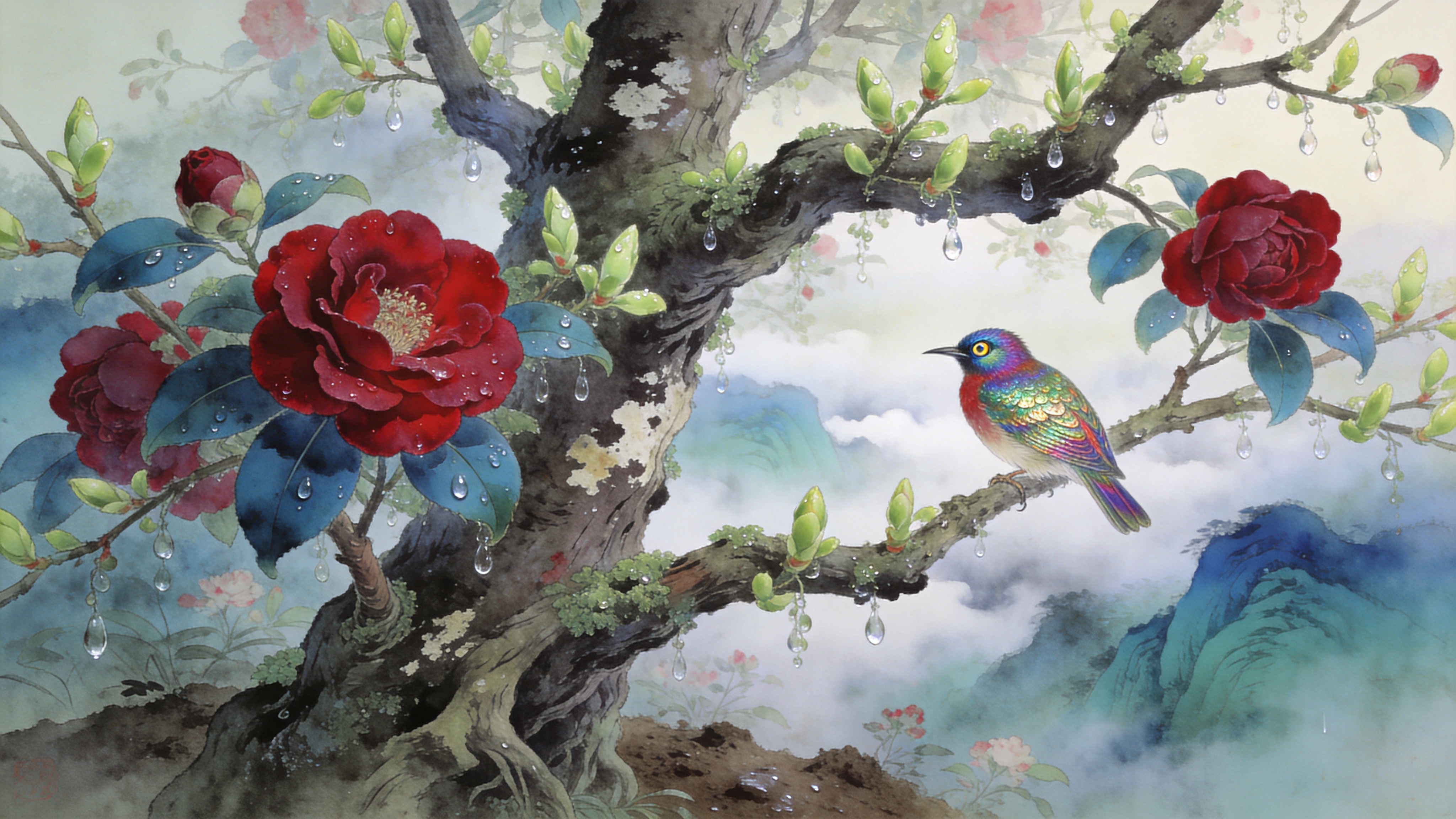 2026年早春的清晨，画面主体是一座被嫩绿色新芽覆盖的古老山茶花树。树干苍劲有力，表皮呈现出岁月的斑驳纹理。枝头挂满了露珠，几朵深红色的山茶花正处于盛放的巅峰，花瓣层层叠叠，丝绒般的质感清晰可见。在树枝的缝隙间，隐约可见远处云雾缭绕的青黛色山峦，空气中似乎弥漫着湿润的泥土气息和淡淡的花香。一只色彩斑斓的翠鸟正停在枝头，羽毛闪烁着金属般的光泽，眼神灵动，仿佛下一秒就要振翅飞入云雾之中。

新中式工笔画风格，结合了超写实主义细节。采用传统矿物颜料配色，朱砂红与石青色的对比强烈而和谐。线条细腻流畅，勾勒精准。光影处理柔和，强调空气感和景深，背景采用晕染技法营造出梦幻的雾气效果，整体画质细腻如丝绸，具有极高的艺术收藏价值。