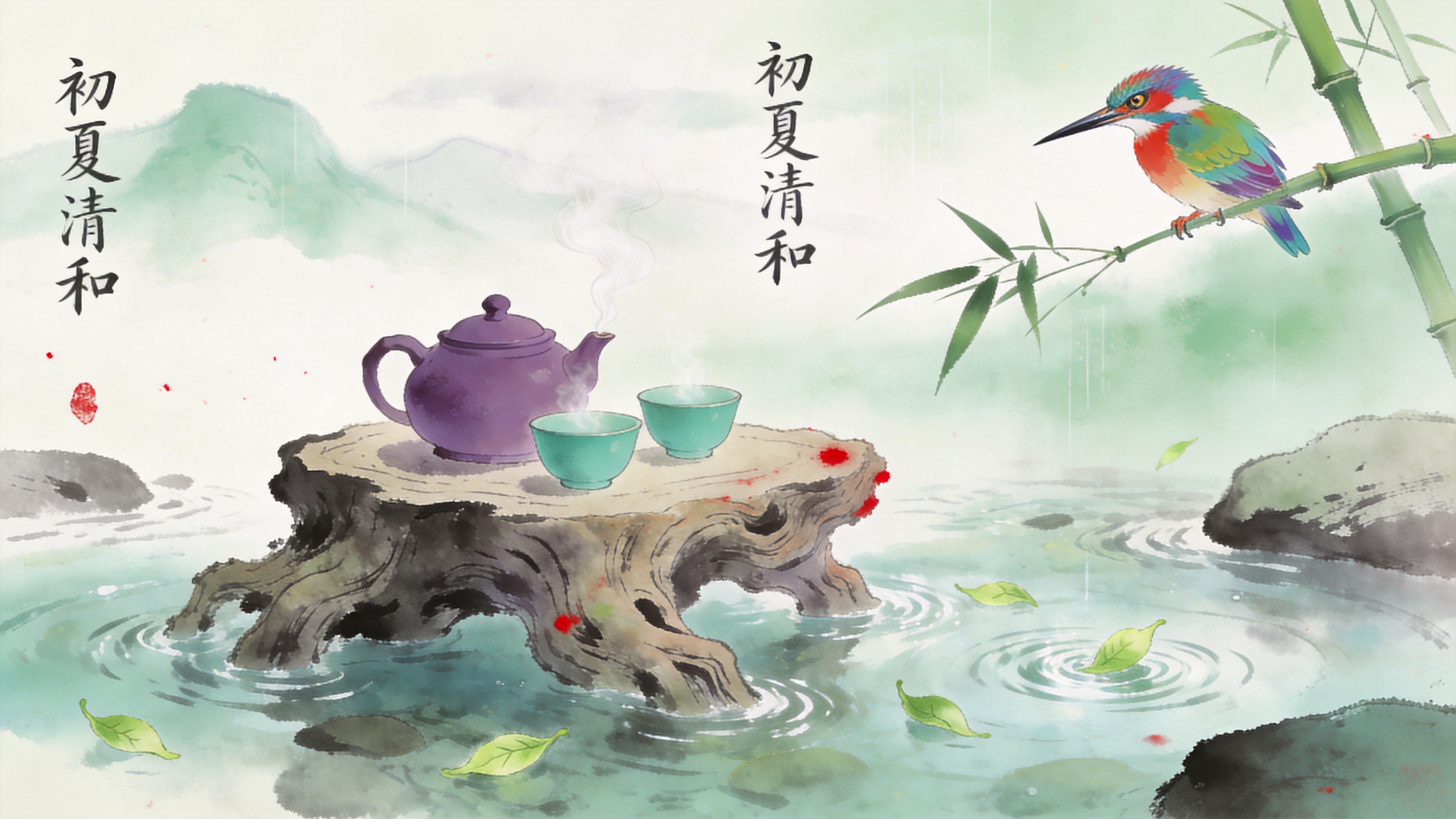 一幅充满禅意的东方初夏图景。画面主体是一个由老树根雕琢而成的茶台，置于清澈见底的溪流之中，溪水潺潺流过，几片嫩绿的茶叶随着水流打转。茶台上摆放着一把紫砂壶和两只青瓷杯，壶口冒着袅袅的热气。一只色彩斑斓的翠鸟停在伸出的竹枝上，目光锐利地盯着水面。背景是淡墨渲染的远山和若隐若现的初夏云雨，画面留白处题有‘初夏清和’四字，意境深远。

新中式水墨风格，结合传统国画技法与现代数字绘画。色彩以淡雅的青、绿、白为主，辅以朱砂点缀。笔法讲究枯湿浓淡，线条流畅圆润。光影柔和自然，追求‘气韵生动’的艺术效果。画面具有淡淡的宣纸纹理，整体氛围宁静、空灵、雅致。