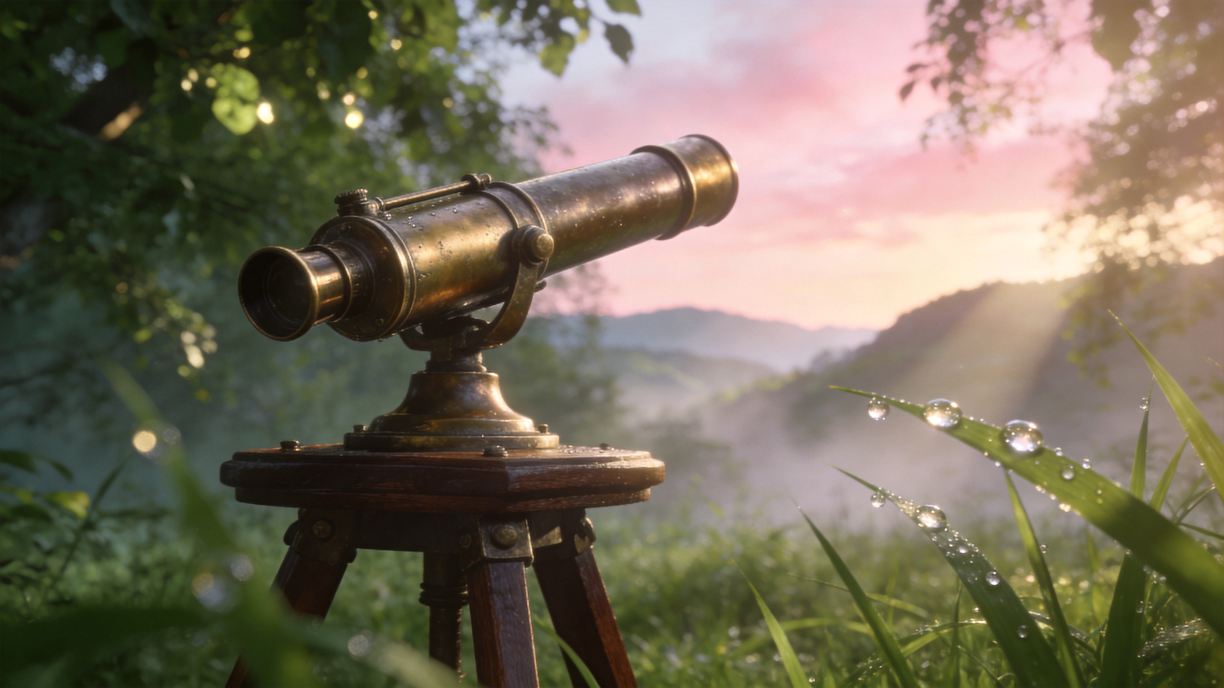 初夏的清晨，阳光透过茂密的绿叶洒下斑驳的光影。画面主体是一架复古的铜制望远镜，架在深褐色的木质天文台上，指向天空中清晰可见的淡粉色晨曦。前景是几滴晶莹剔透的露珠挂在嫩绿的草叶上，远处隐约可见起伏的青山轮廓，空气中弥漫着清新的晨雾，营造出一种静谧、探索与希望的氛围。

超写实摄影风格，8K分辨率，景深效果突出，焦点清晰集中在望远镜的纹理上。色调以清新的翠绿和暖金色为主，光线柔和自然，带有丁达尔效应（体积光）。画质细腻，强调金属的质感和露珠的通透感，类似国家地理杂志的高质量大片。