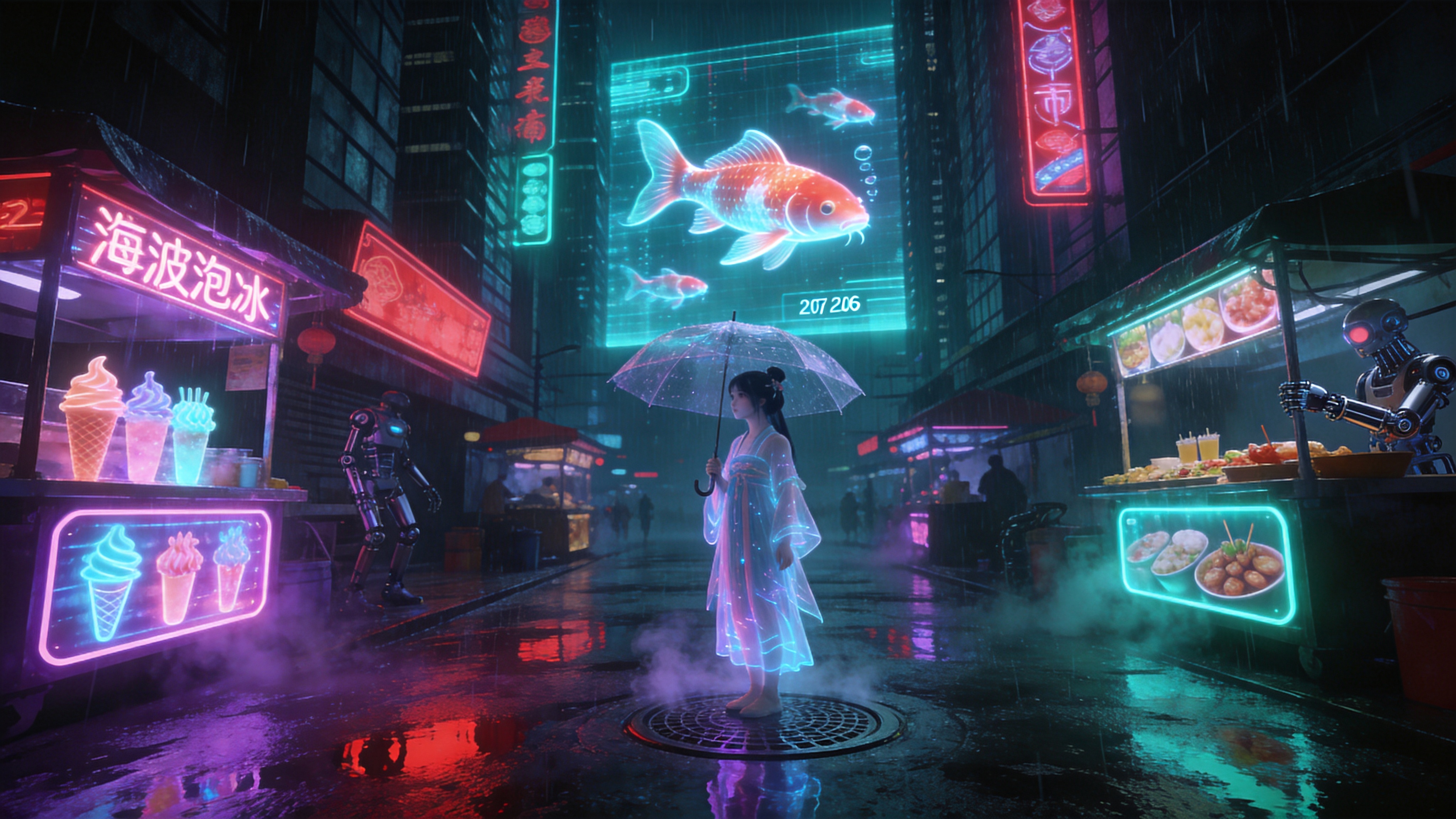 这是一个充满未来感的赛博朋克夜市，时间设定为2026年7月20日的夜晚。巨大的全息投影在空中展示着立体的霓虹锦鲤，在摩天大楼之间游动。街道两旁是错落有致的摊位，售卖着发光的合成波波冰和机械义肢小吃。一位穿着轻薄全息纤维汉服的少女正站在雨中，手中的透明雨伞倒映着周围五光十色的招牌。地面湿漉漉的，反射着紫红色和青蓝色的霓虹灯光，暴雨刚过，蒸汽从下水井盖中升腾，与霓虹灯雾混合在一起。

赛博朋克与国潮融合的概念艺术风格，灵感来自《银翼杀手2049》与《赛博朋克2077》。宽画幅构图，强调垂直线条的高耸感。色彩以高饱和度的青色和洋红为主色调，辅以暗黑的环境光。光影效果强烈，运用体积光和辉光效果，质感上强调金属的冷硬与雨水的湿润，整体氛围迷幻、喧嚣且充满科技美学。