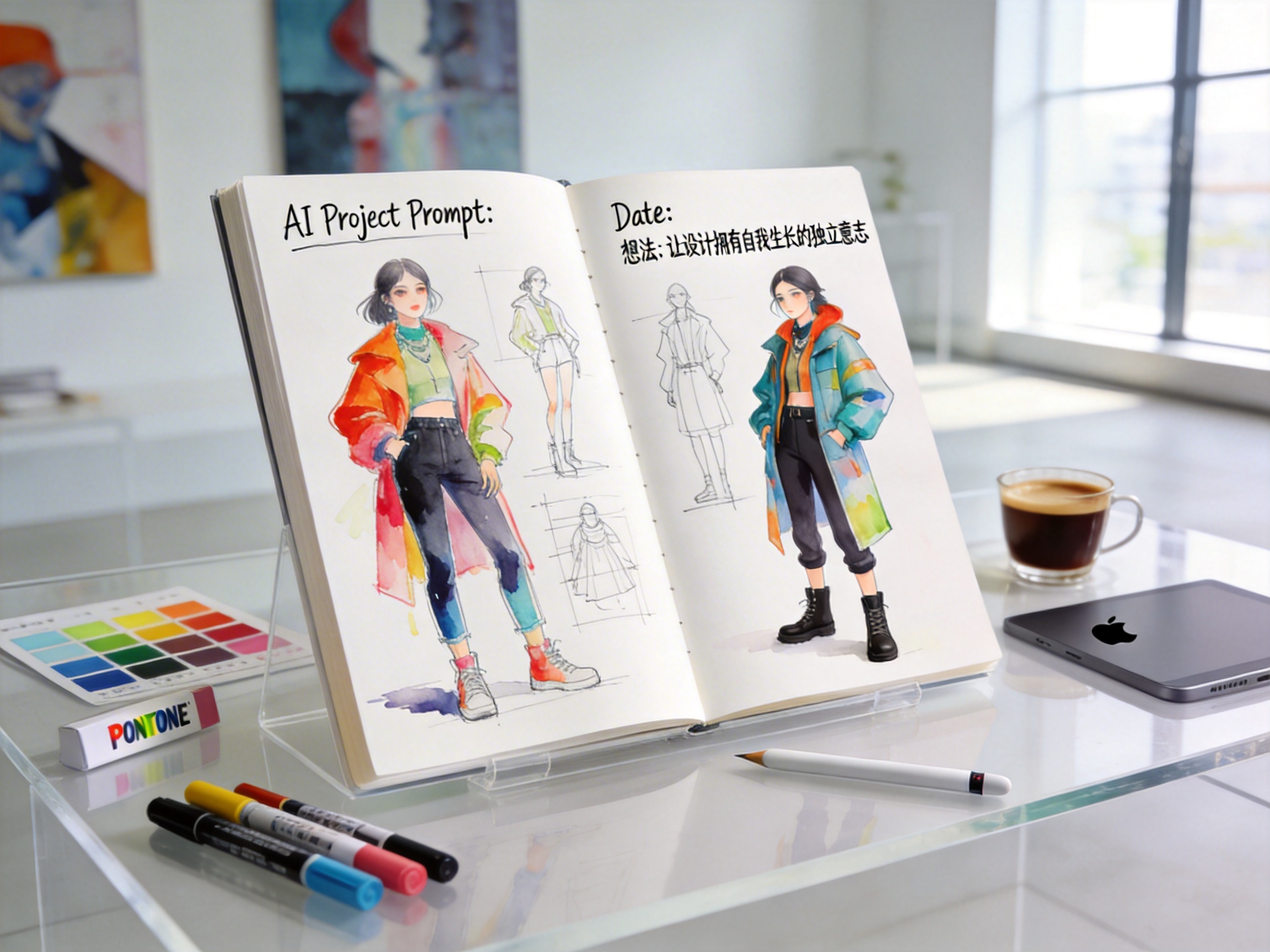 这是一张细节丰富、极其清晰的现代摄影作品，照片中一本打开的纯白高定速写本静静地放在一张极简主义的白色亚克力工作台上，背景中模糊着现代艺术画作和明亮的落地窗，一切都沐浴在纯净明亮的工作室柔光中。在速写本的纯白厚纸页上，可以看到一幅色彩明快的马克笔与水彩勾线图，描绘了一个栩栩如生、极具时尚感的人物，其姿态和形态与一个跃然纸上、仿佛要打破二维平面、化作三维潮玩模型站在工作台上的人物形象完美契合。速写本页面上写着一些充满设计感的手写笔记，包括标题：AI Project Prompt: （左上角）和Date:（右上角），以及反复出现的句子：想法：让设计拥有自我生长的独立意志。工作台上散落着各种与角色和项目相关的工具和道具，例如马克笔、Pantone色卡、Apple Pencil和一杯意式浓缩咖啡，摆放得十分写实。

高质量，专业摄影，细节丰富