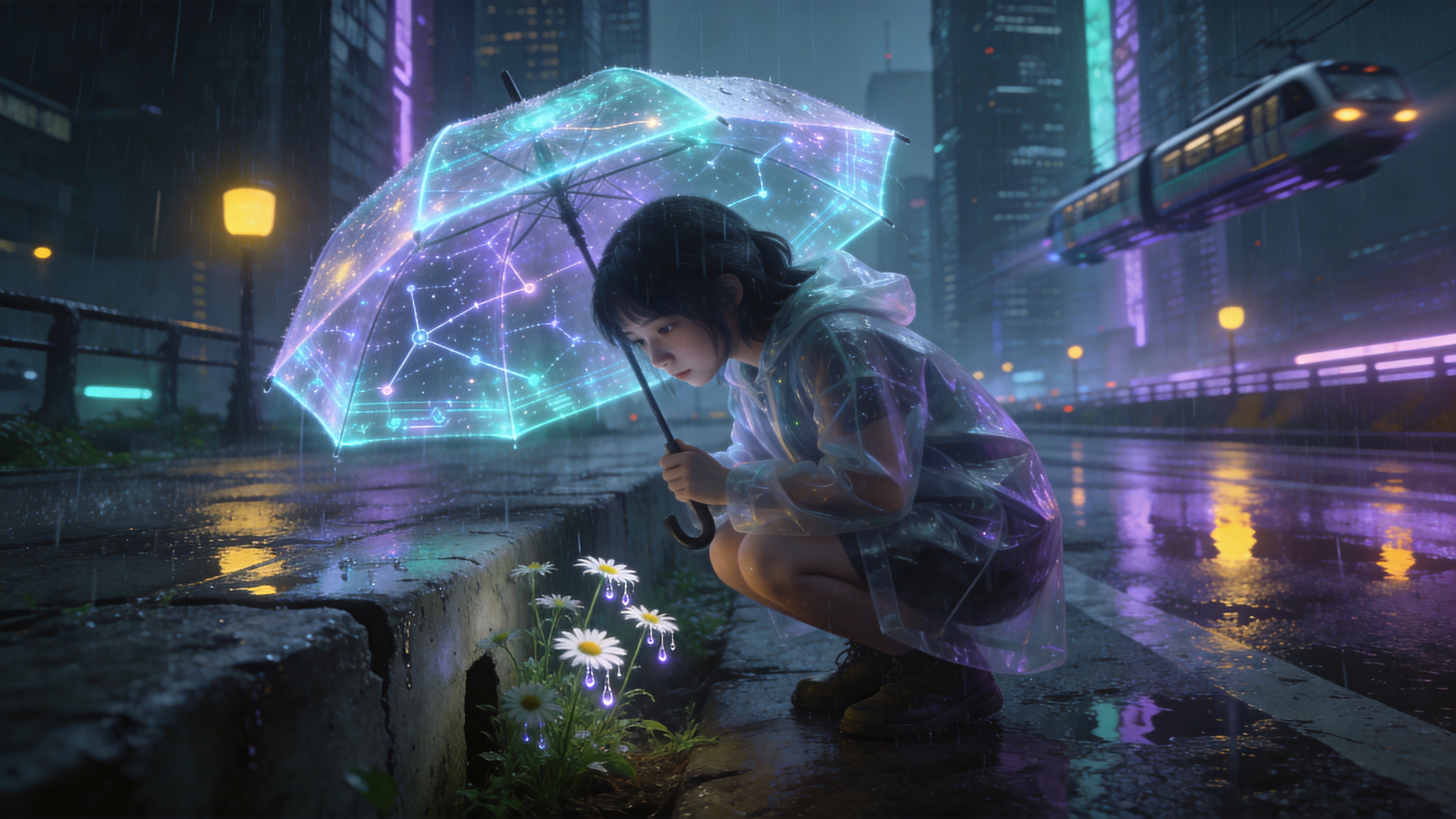 2026年5月的未来都市街头，一场突如其来的阵雨刚刚停歇。街道被雨水冲刷得像镜子一样，反射着霓虹灯的倒影。画面主体是一位穿着透明雨衣的少女，她手中拿着一把全息投影的雨伞，伞面上投射着动态的星座图案。她正蹲下身，好奇地注视着路边一株从混凝土缝隙中顽强生长出来的野生小雏菊，花瓣上挂着雨水，在紫色和青色的霓虹灯光下闪烁着微光。背景是高耸入云的摩天大楼和穿梭于空中的悬浮列车，赛博朋克的冷硬与植物的柔美形成强烈对比。

赛博朋克概念艺术风格，强调科技与自然的冲突美学。色调以冷冽的青色、电光紫和深灰为主，辅以温暖的暖黄色灯光点缀。光影具有强烈的电影感，运用体积光和湿滑路面的反射光，营造潮湿、迷幻的氛围。质感细腻，具有3D渲染的精度，突出雨水的湿润感和全息投影的发光效果。