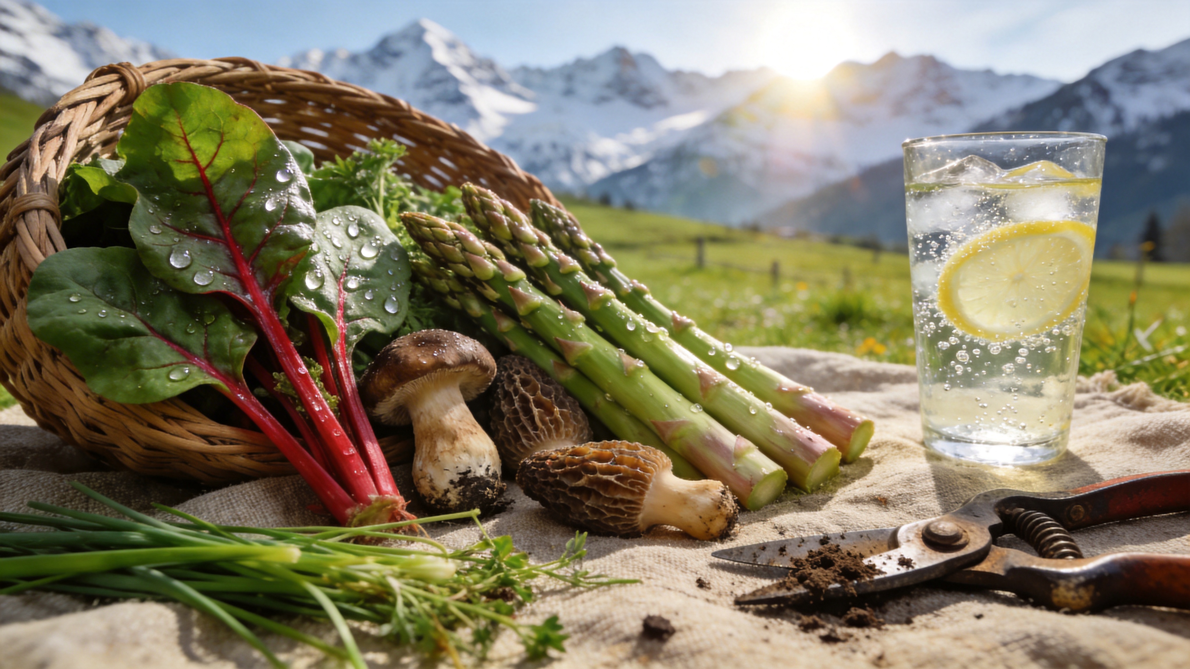 初春的阿尔卑斯山脚下，一片生机勃勃的绿色牧场。画面主体是一篮刚刚采摘下来的春日野菜：鲜嫩的芦笋、带露水的红梗菠菜、几颗饱满的羊肚菌和几束野生香葱。这些食材随意地摆放在一块粗糙的亚麻布上，旁边放着一杯还在冒着气泡的冰镇柠檬水和一把沾着泥土的复古园艺剪刀。背景是虚化的雪山和初升的朝阳，光线明亮而锐利，展现出食物最原始的新鲜感和春天的泥土芬芳。

专业美食摄影，微距镜头，景深效果，自然光照明，高对比度，清新明亮的色调，强调质感和纹理，商业级修图，佳能 EOS R5 风格。