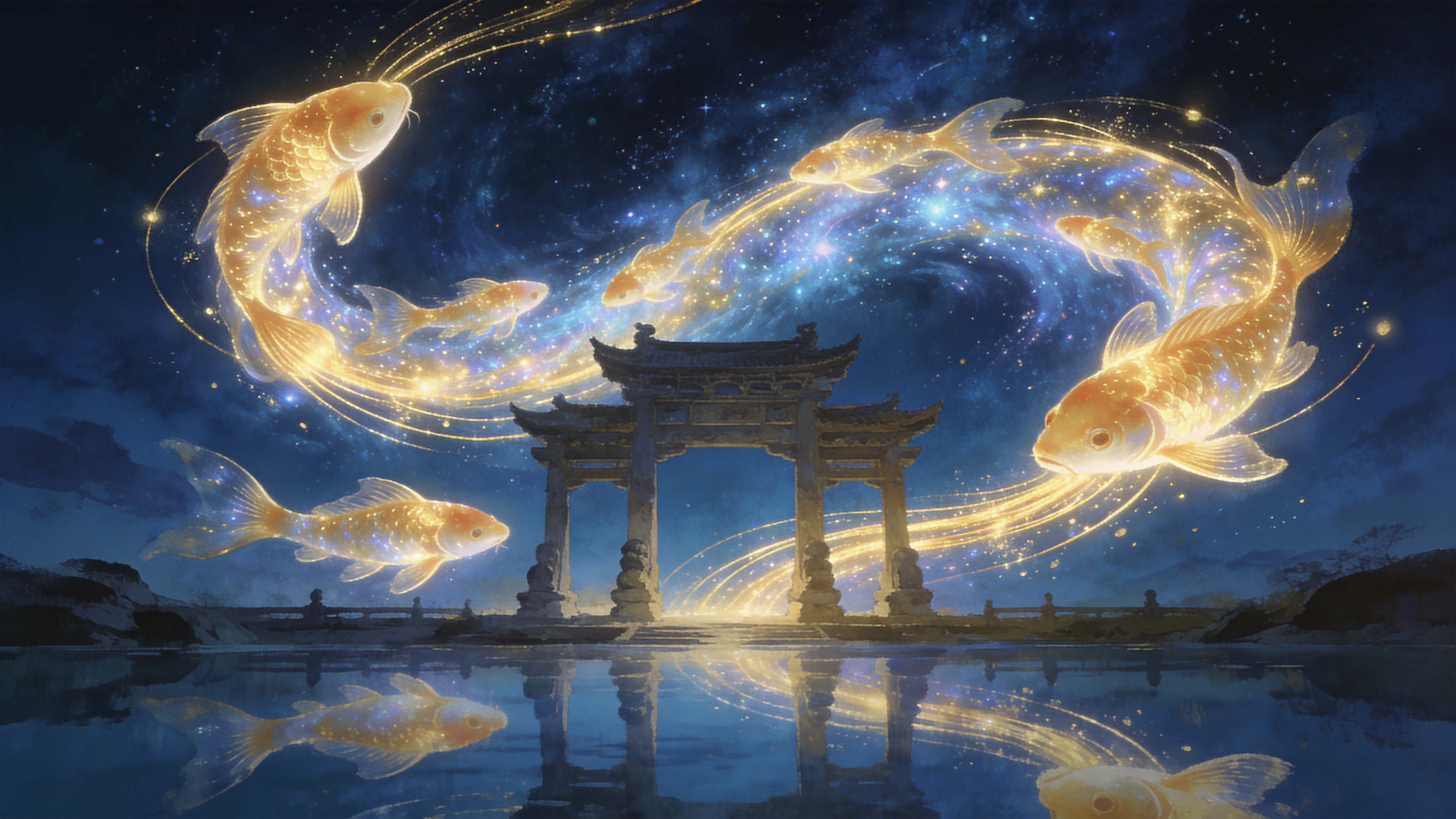 一条由发光的锦鲤组成的巨大银河，在深蓝色的夜空中游动，每一条锦鲤都拖着长长的金色光尾，穿过一座古老的石牌坊，地面是平静如镜的湖面倒映着这一奇景。

东方奇幻插画，流光溢彩，水墨与光效结合，深蓝与金配色，梦幻，宏大场景，WLOP风格，数字绘画。